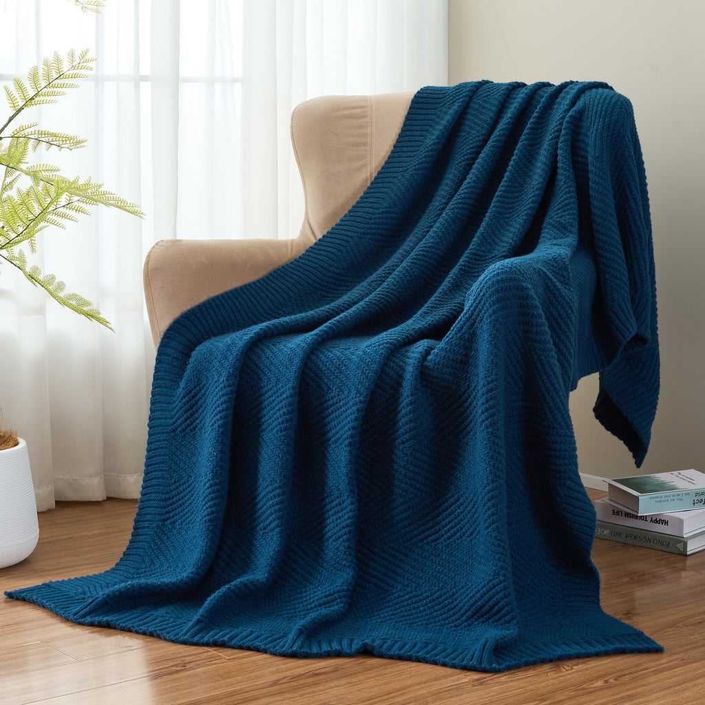 Soft Knitted Throw Blanket 50" x 60" Navy Blue, Boho Chevron Farmhouse Throw for Bed Couch