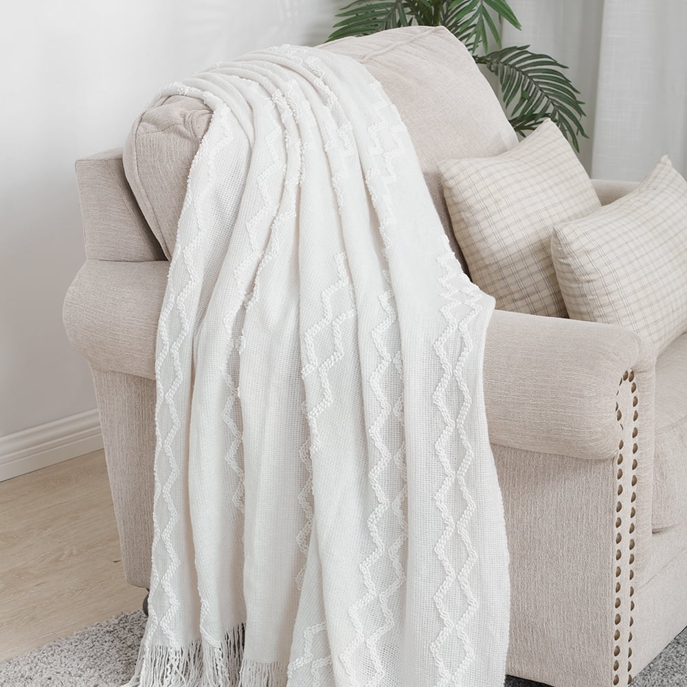 Fluffy Chenille Knitted Fringe Throw Blanket, Lightweight Soft Cozy Bed Sofa Chair Blanket, White, 50" x 60"