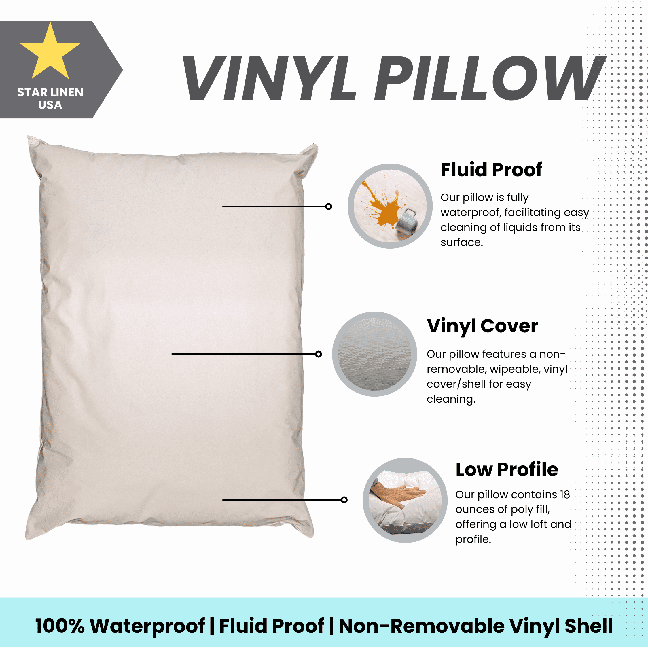 2 Pack MediCheck White Vinyl Covered Bed Pillows 20 in x 26 in - Wipeable Easy Clean - Soft Low Profile Non-Fluffy Su...