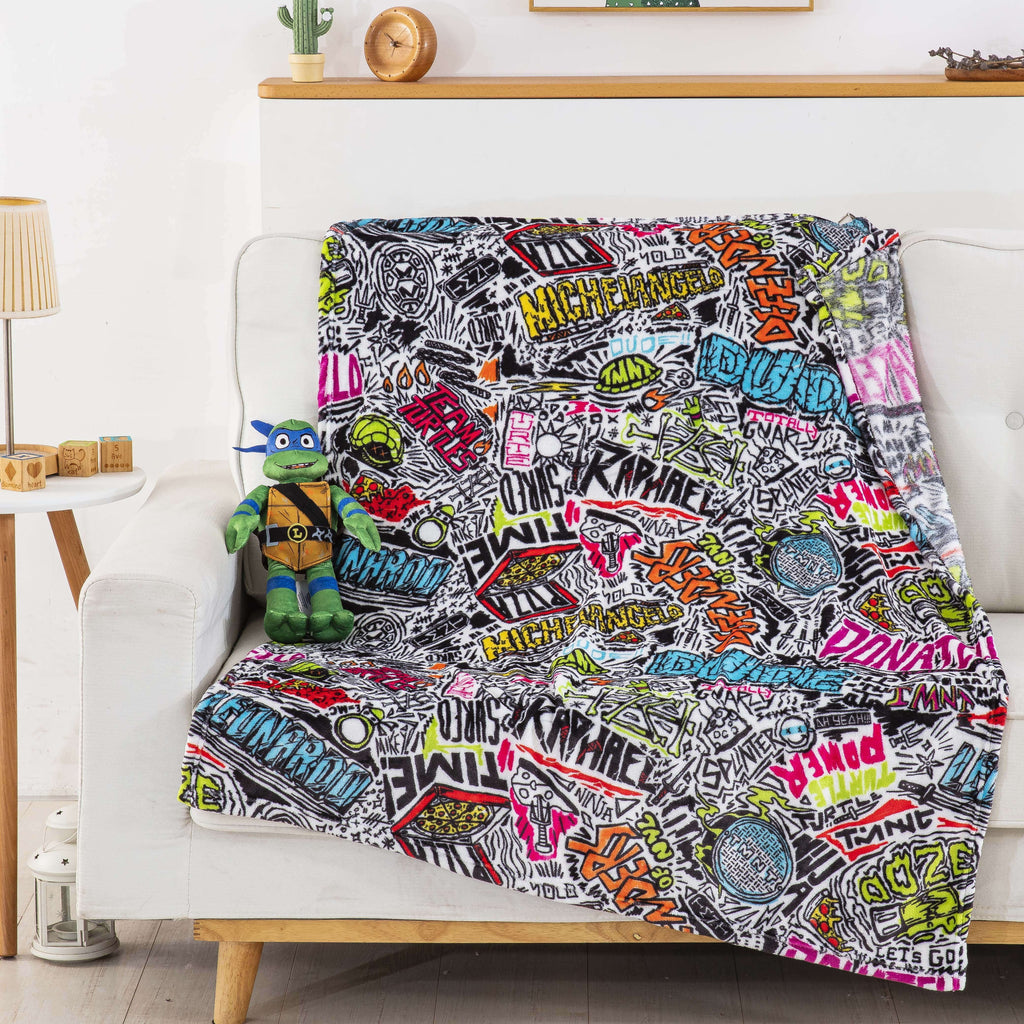Teenage Mutant Tutles Sketched Out Kids Silk Touch Throw Blanket with Plush Hugger – Ultra Soft Plush Character Pillo...