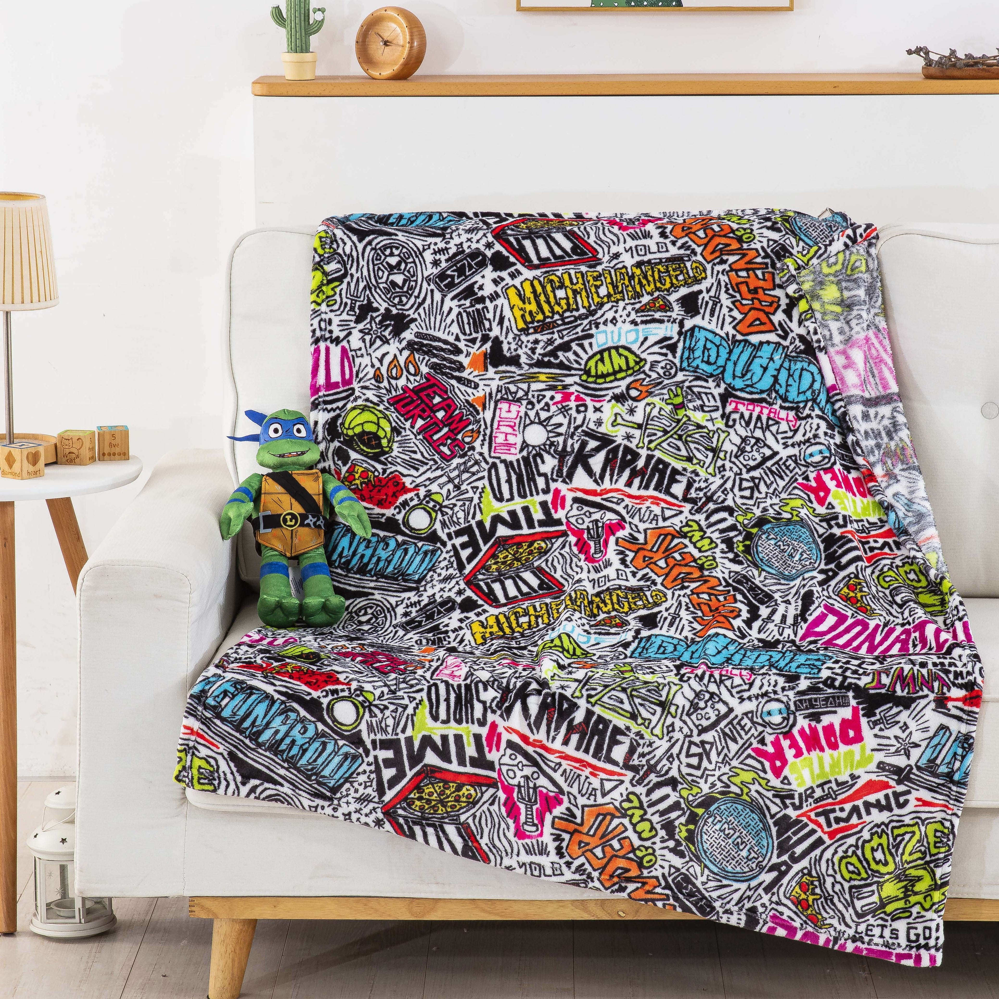 Teenage Mutant Tutles Sketched Out Kids Silk Touch Throw Blanket with Plush Hugger – Ultra Soft Plush Character Pillo...