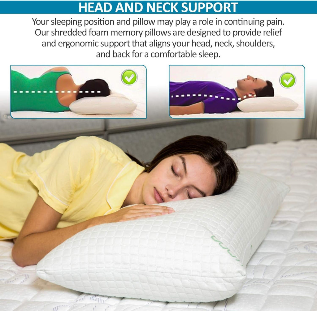 Queen Size Bamboo Pillow, Memory Foam Bed Pillows with Washable Pillowcases, Queen