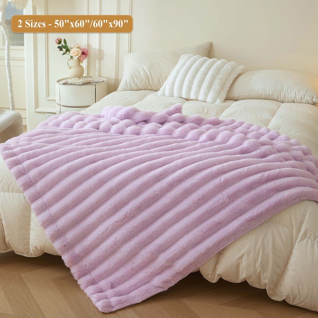 Fluffy Faux Rabbit Fur Throw, Cozy Wide Stripe Plush Fuzzy Blanket for Bed Couch Sofa Chair, Light Purple Shaggy Thro...