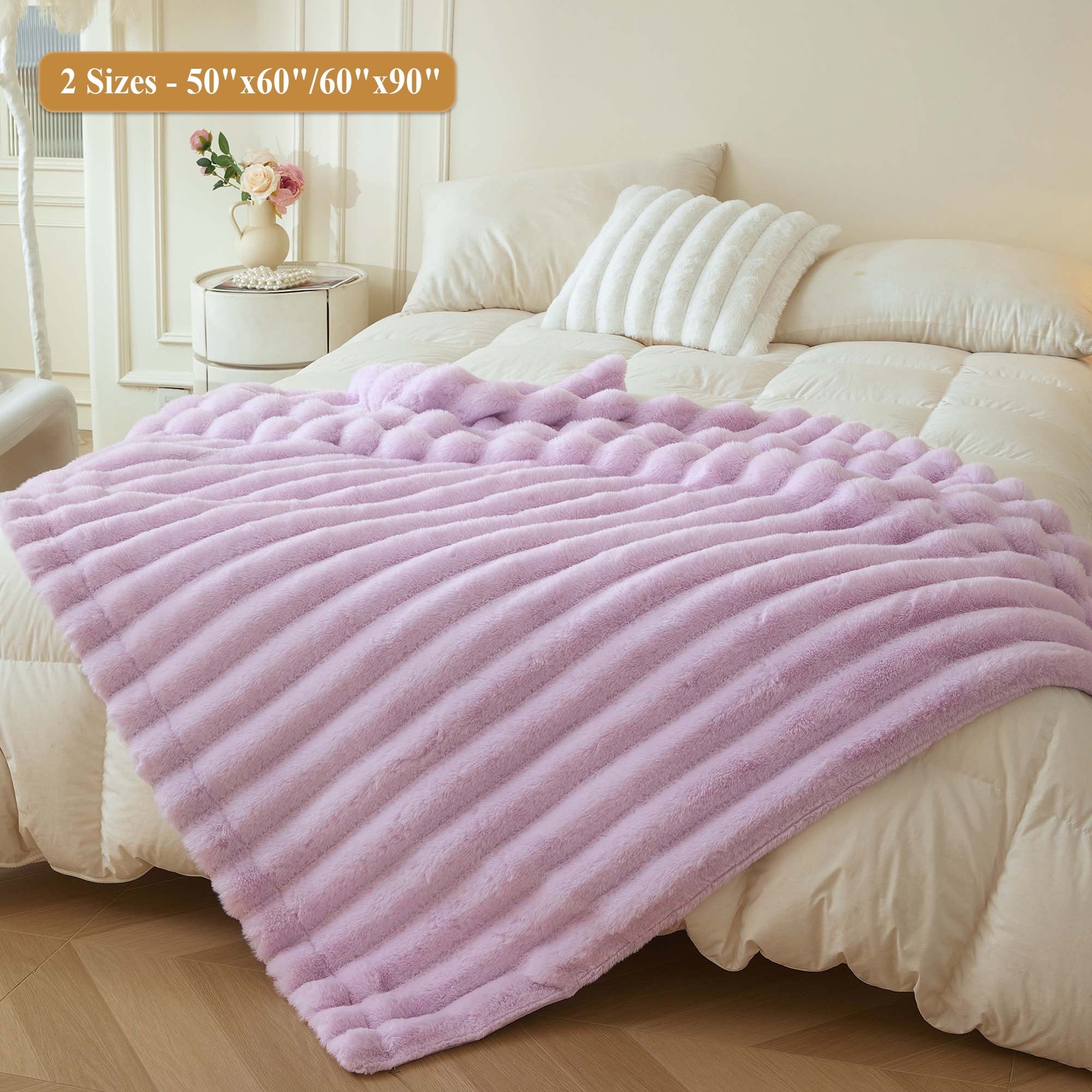 Fluffy Faux Rabbit Fur Throw, Cozy Wide Stripe Plush Fuzzy Blanket for Bed Couch Sofa Chair, Light Purple Shaggy Thro...
