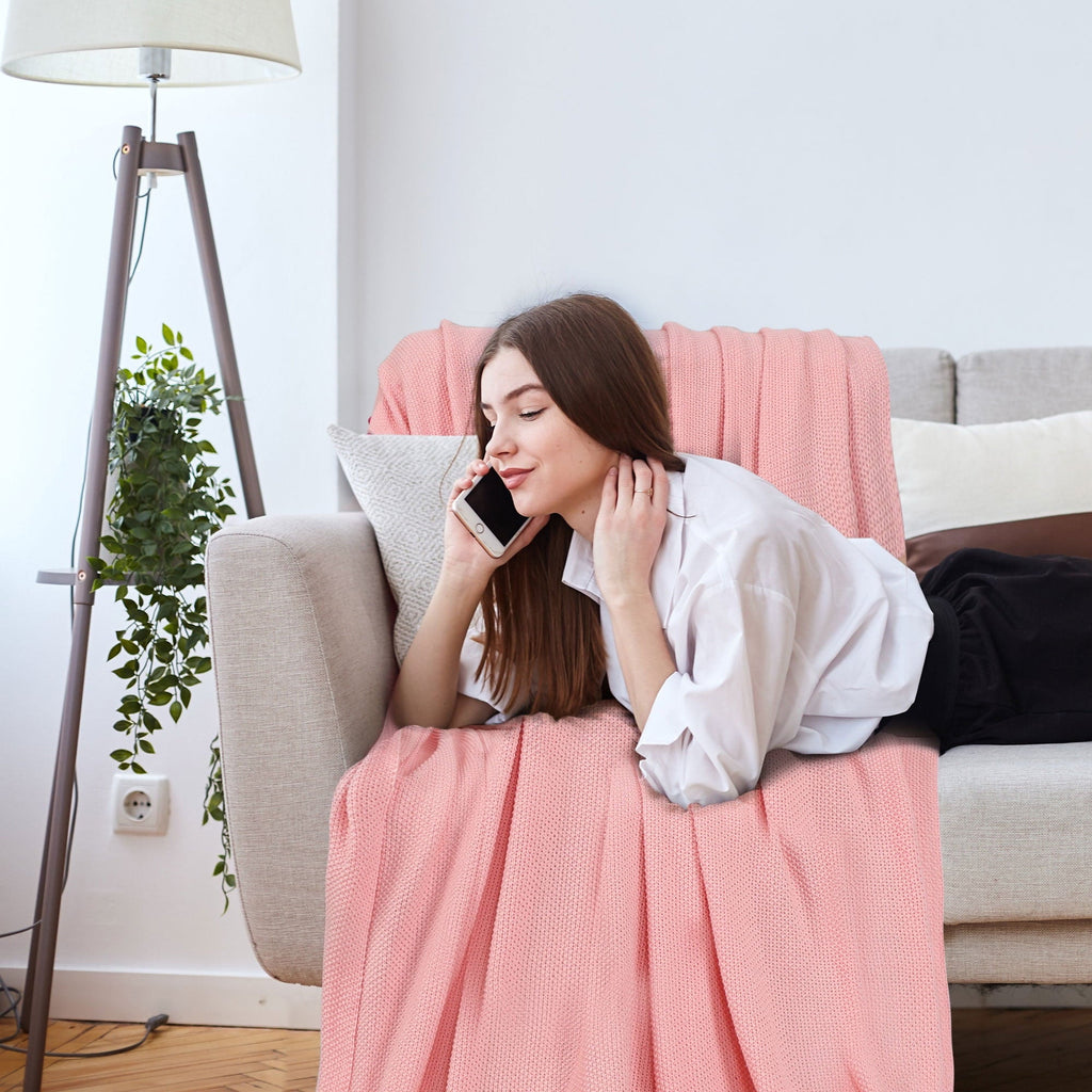 Pure Cotton Soft Cable Knit Throw Blanket Pink 50" x 70"