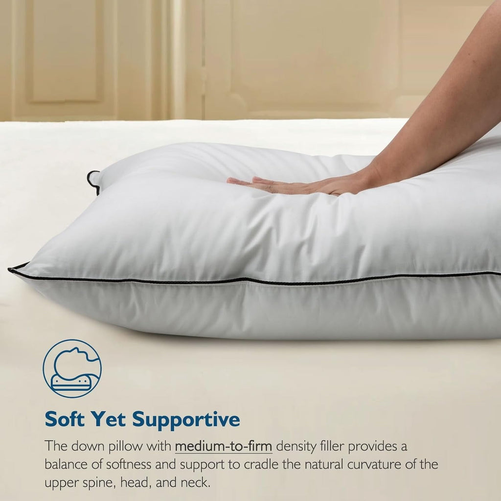 Hypoallergenic 3‑Chamber Goose Feather Down Core Bed Pillows, Standard Size Set of 2, With Microfiber Surround, Soft-...