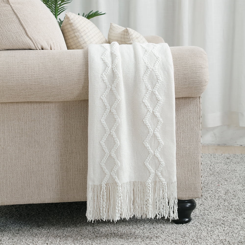 Fluffy Chenille Knitted Fringe Throw Blanket, Lightweight Soft Cozy Bed Sofa Chair Blanket, White, 50" x 60"