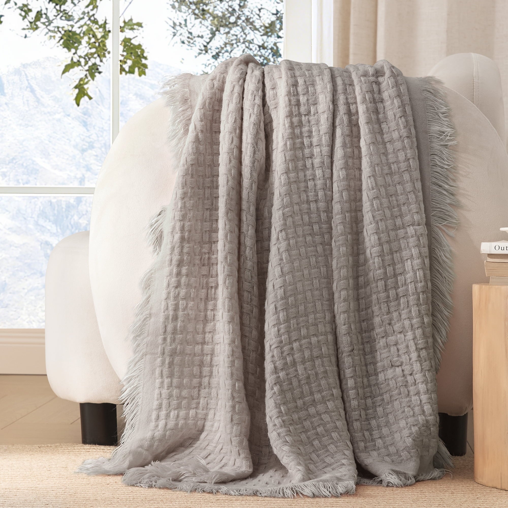 Knitted Throw Blanket with Fringes for Couch, Soft and Warm Textured Throw for All Season, Lightweight Breathable Roo...