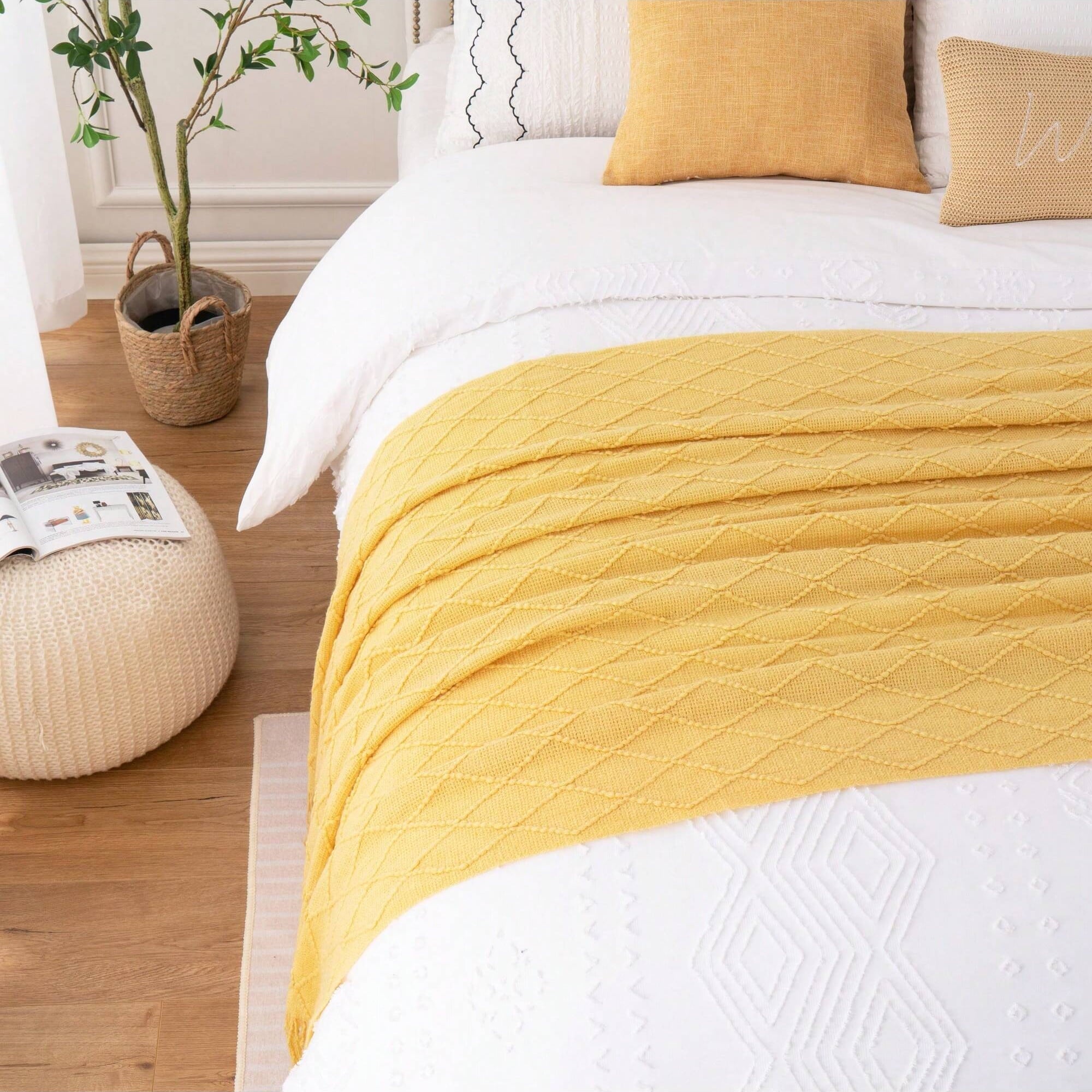Mustard Throw Blanket for Couch,Gold Yellow Knit Throw with Fringe,Outdoor Throw ,50"x60"