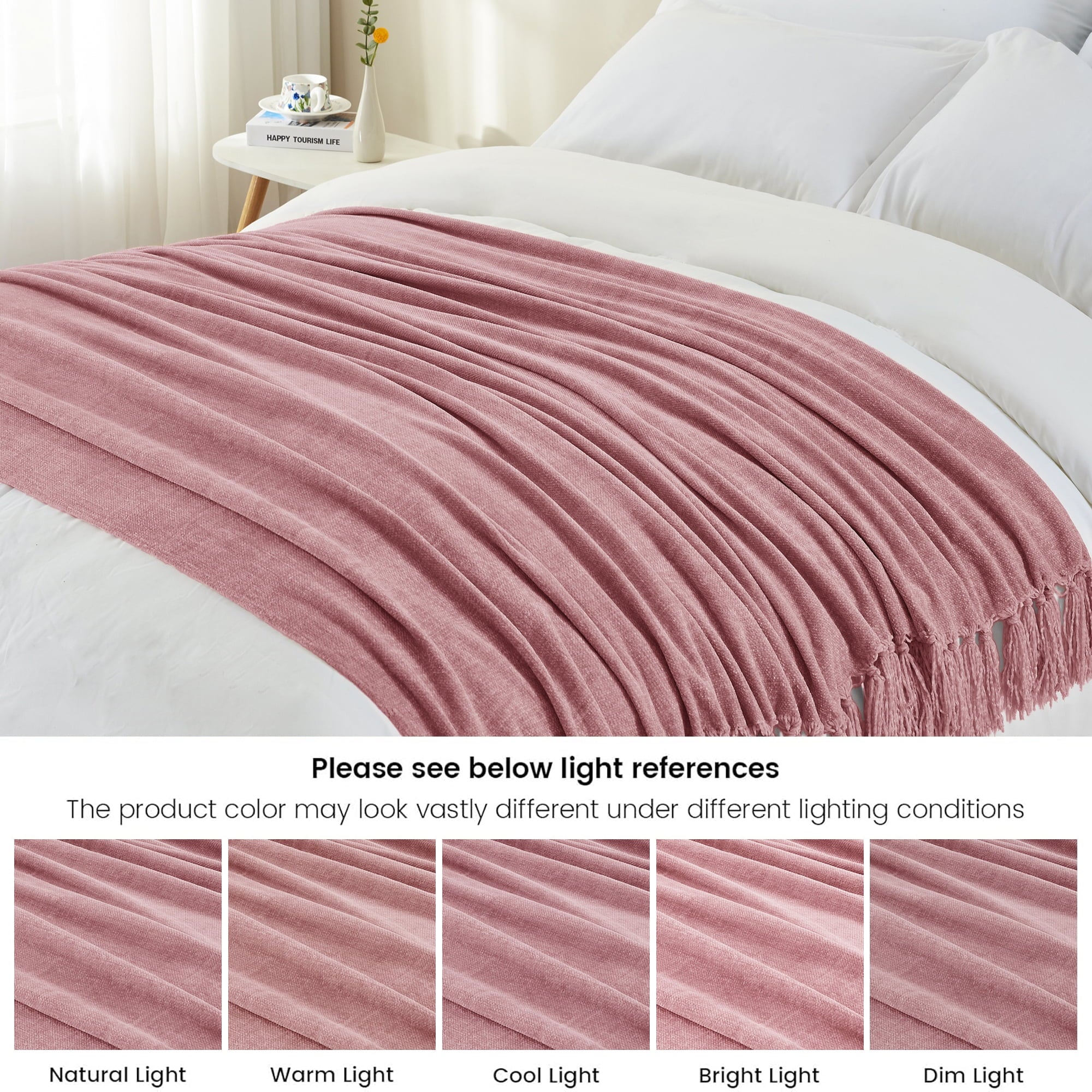 Chenille Throw Blanket with Fringe Tassel for Couch Sofa Chair Bed, Mauve 50" X 70"