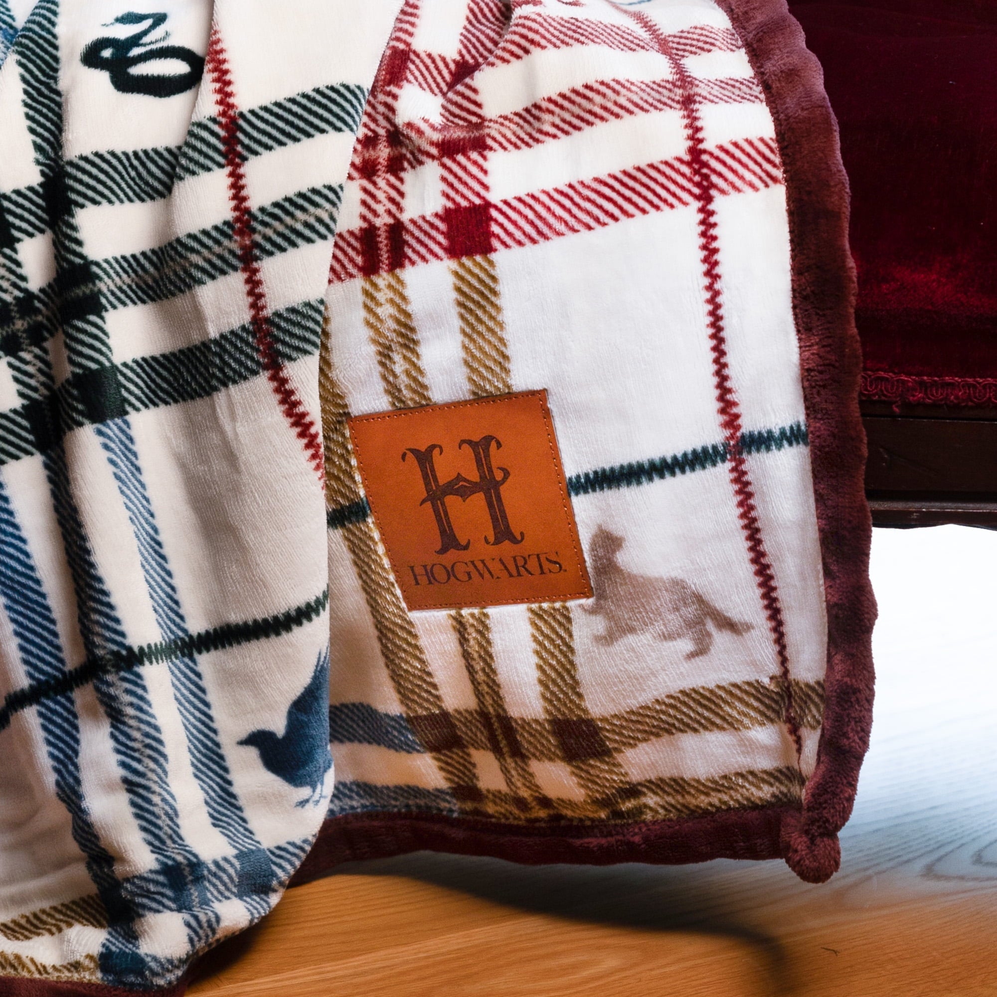 Academic Plaid Tartan Crest with Faux Leather Patch and Milky Mink Reverse Throw, 60x70 inches