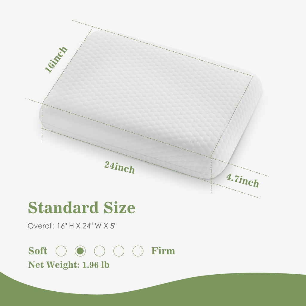 Memory Foam Pillow for Sleeping, 24"D x 16"W x 4.7"H, Soft Supportive Hotel Pillow for Bed, Washable Cover, Set of 2