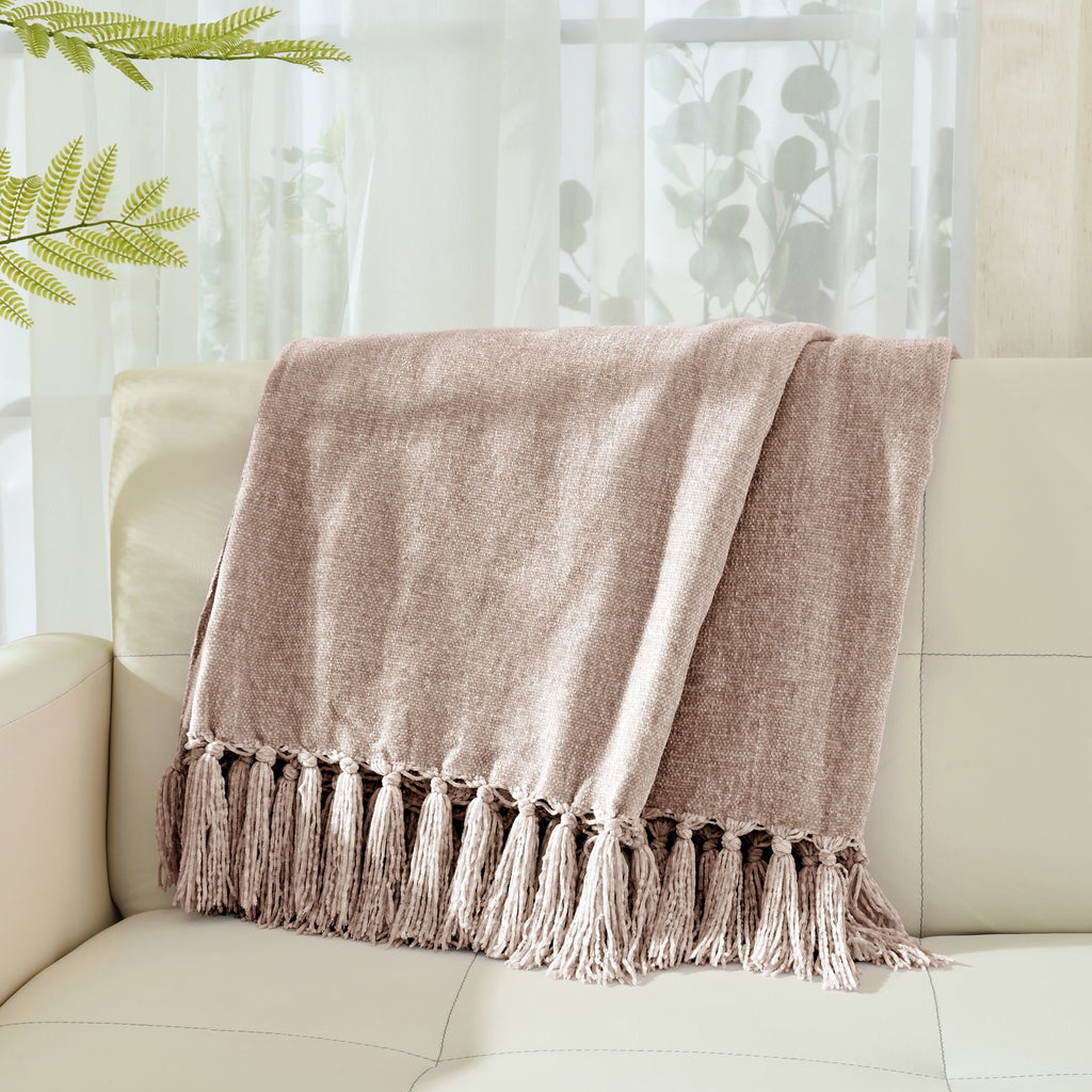 Chenille Throw Blanket with Fringe Tassel for Couch Sofa Chair Bed, Taupe 50" X 60"
