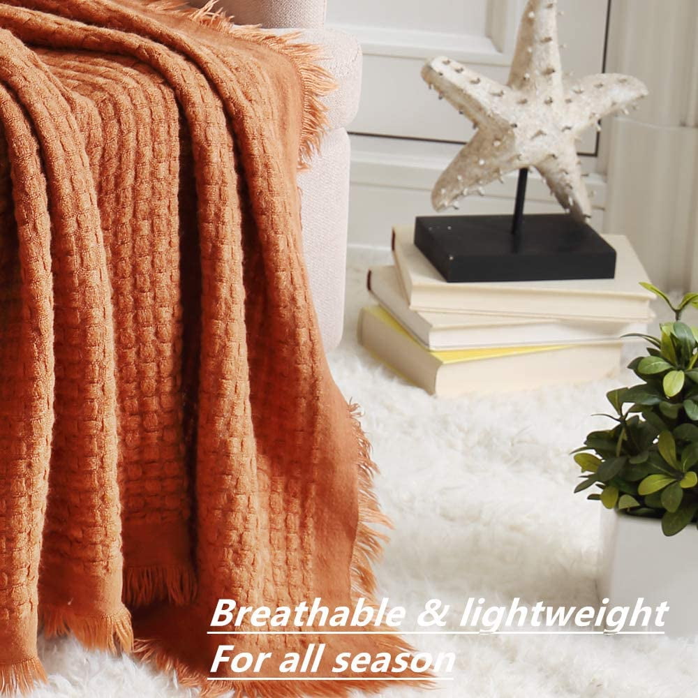 Farmhouse Rust Knit Throw Blanket for Couch Sofa Chair Bed Home Decoration, Soft Warm Cozy Light Weight for Spring Su...