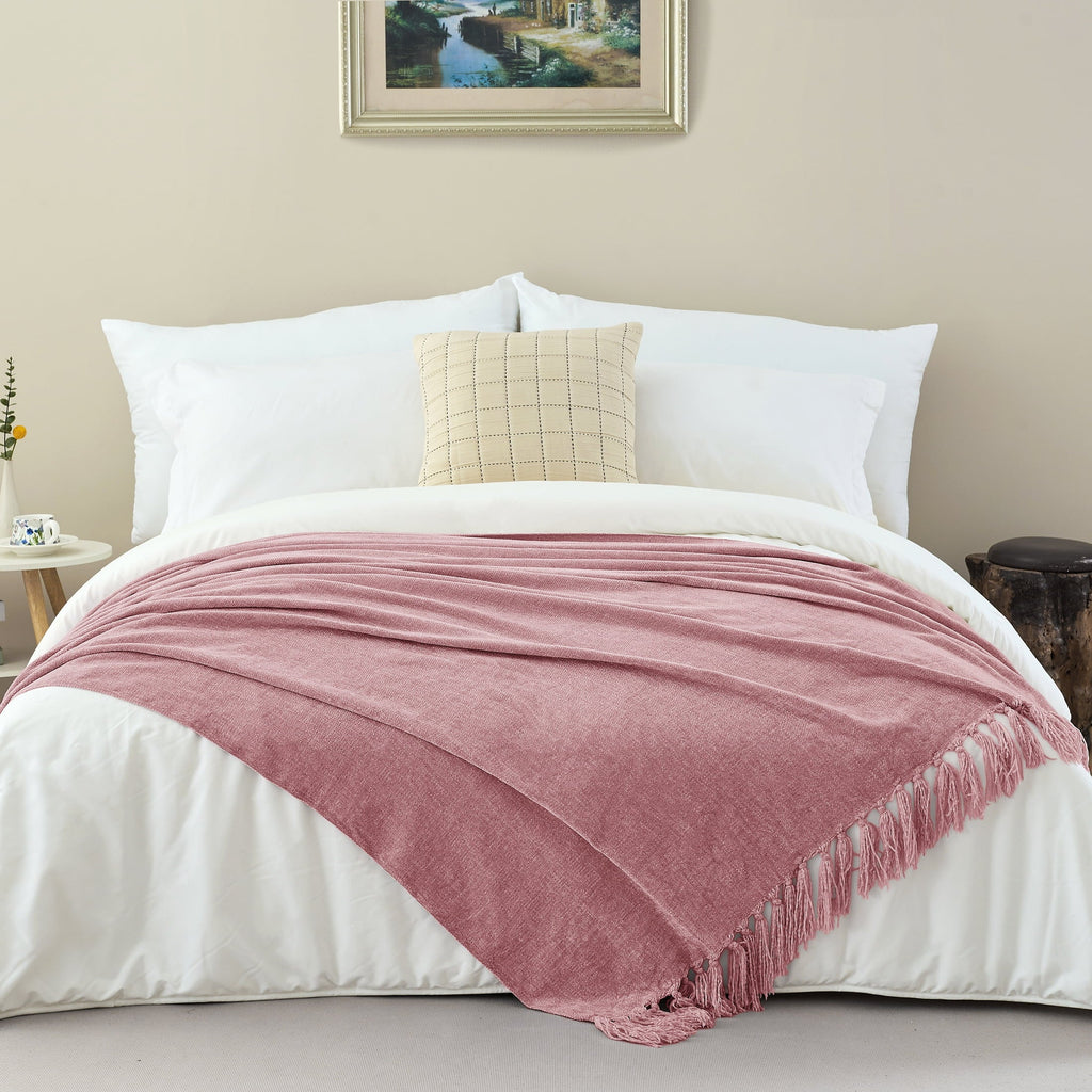 Chenille Throw Blanket with Fringe Tassel for Couch Sofa Chair Bed, Mauve 50" X 70"