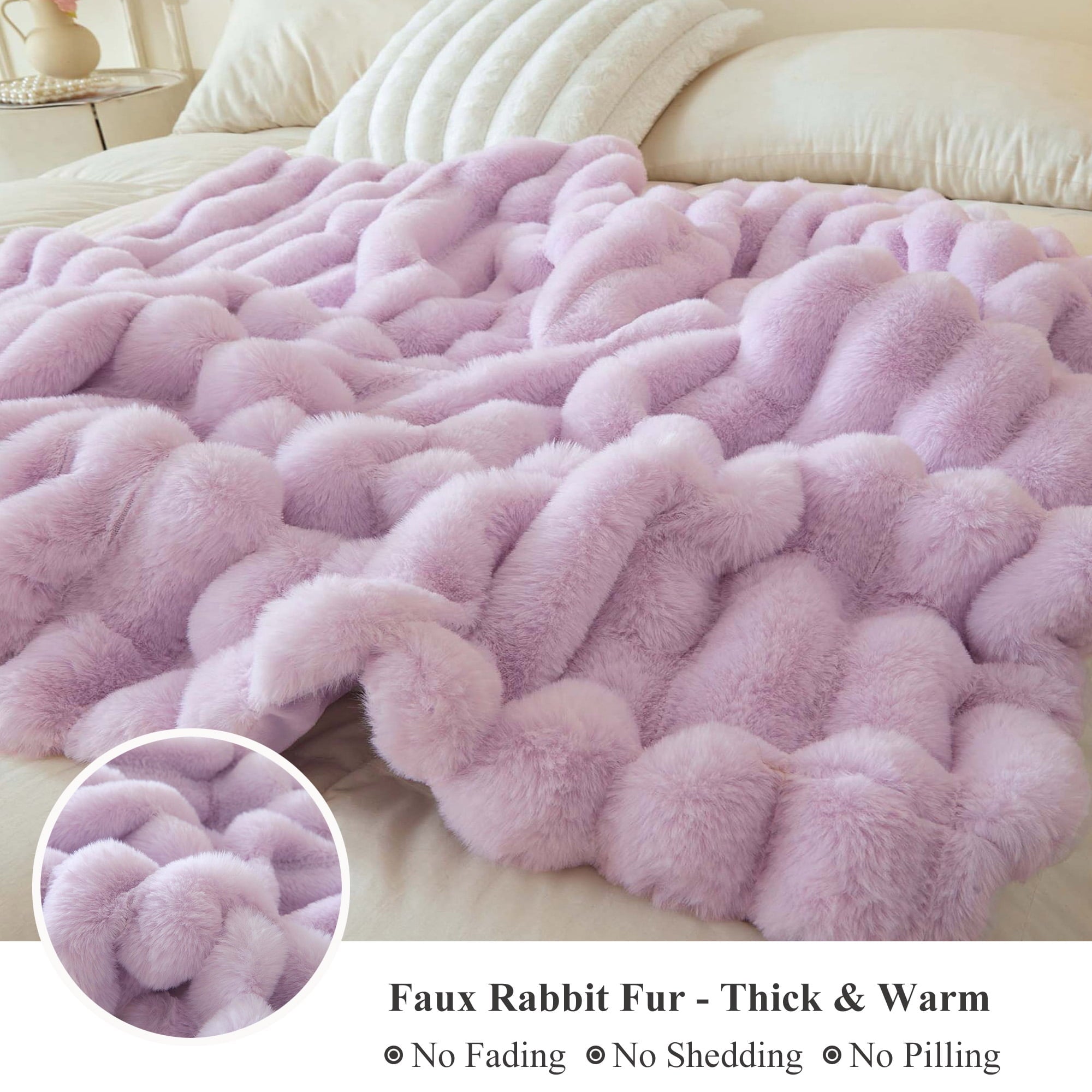 Fluffy Faux Rabbit Fur Throw, Cozy Wide Stripe Plush Fuzzy Blanket for Bed Couch Sofa Chair, Light Purple Shaggy Thro...