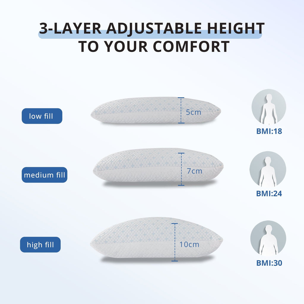 2-Pack Adjustable Cooling Bed Pillows, Shredded Memory Foam Pillows Set of 2, Standard Queen, Dual Sides