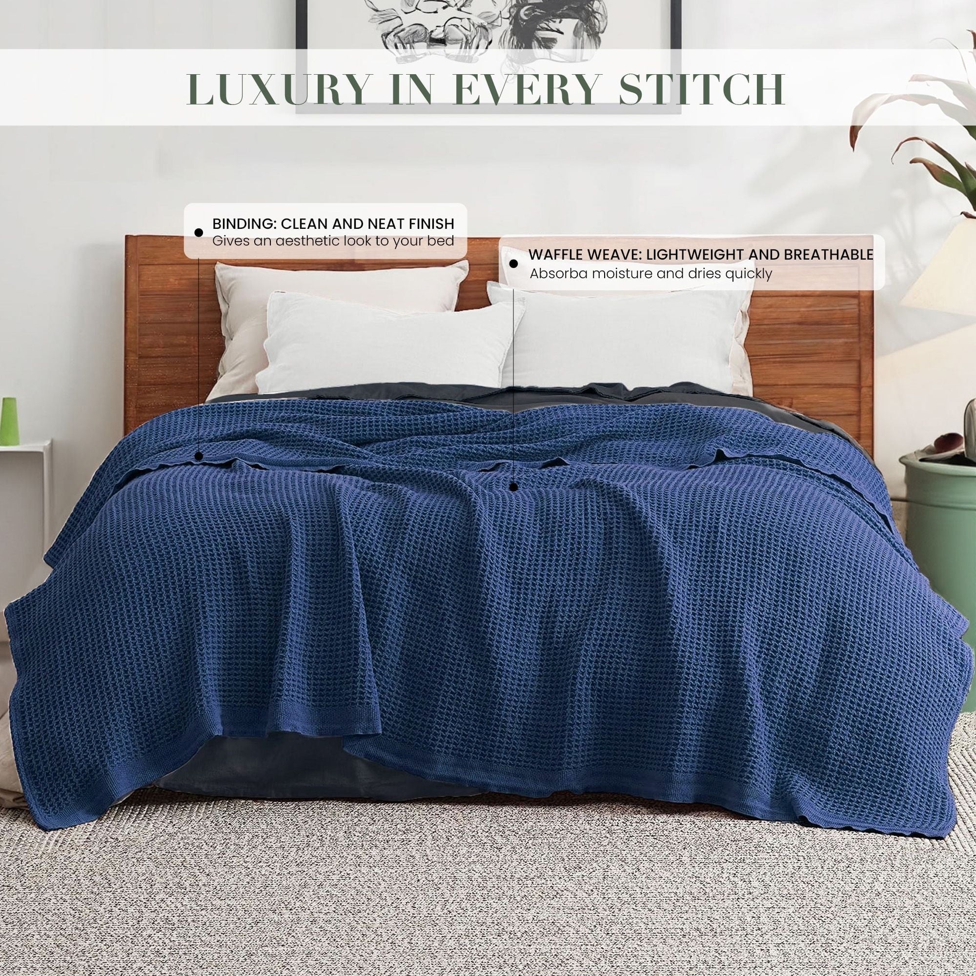 Twin Waffle Throw Blanket for Couch (68" x 92"), 100% Cotton Throw Blankets for Bed, Waffle Blanket for Bed (Navy)