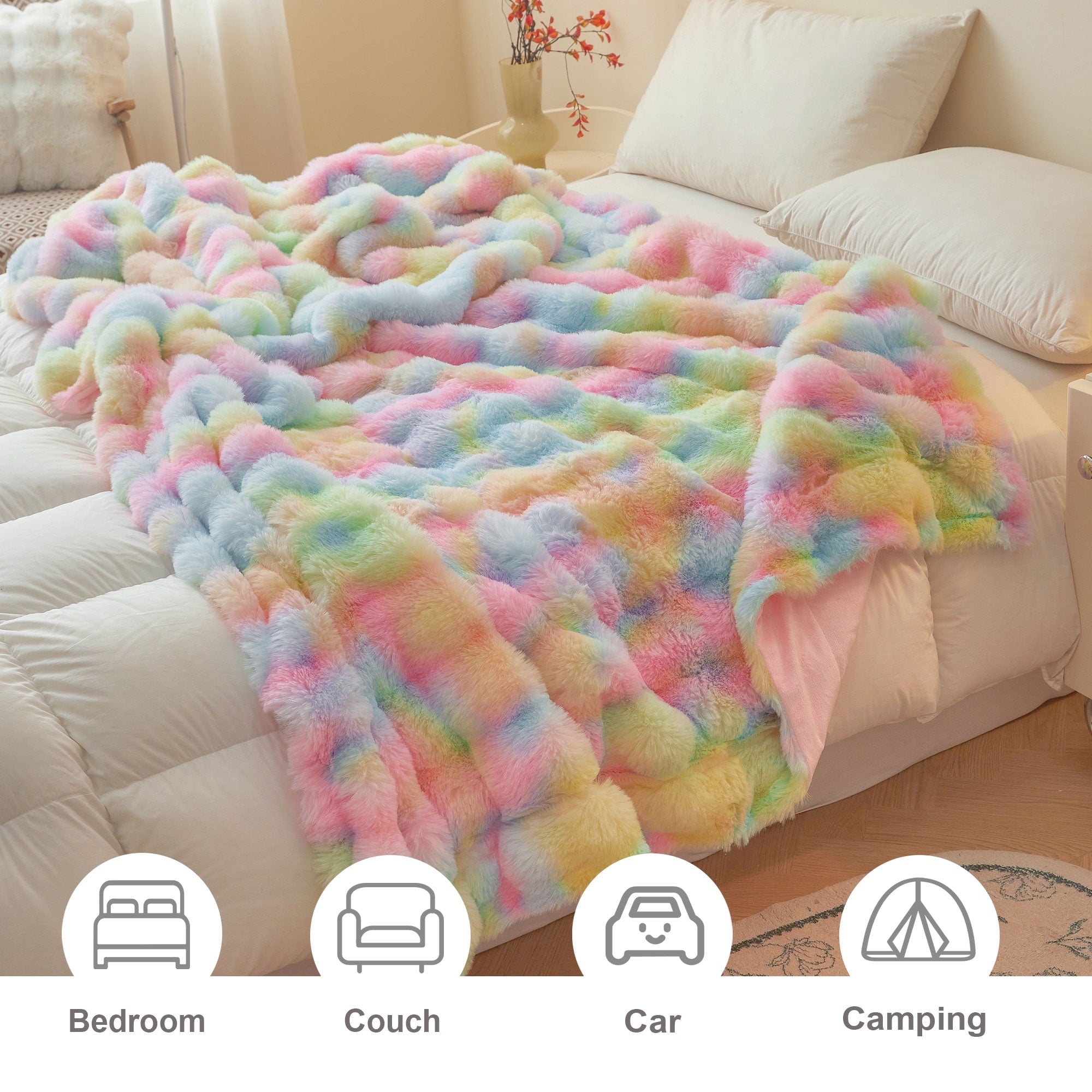 Fluffy Faux Rabbit Fur Bubble Throw, Rainbow Plush Shaggy Blanket for Couch Sofa Chair, Soft Tie Dye Furry Blanket Ad...