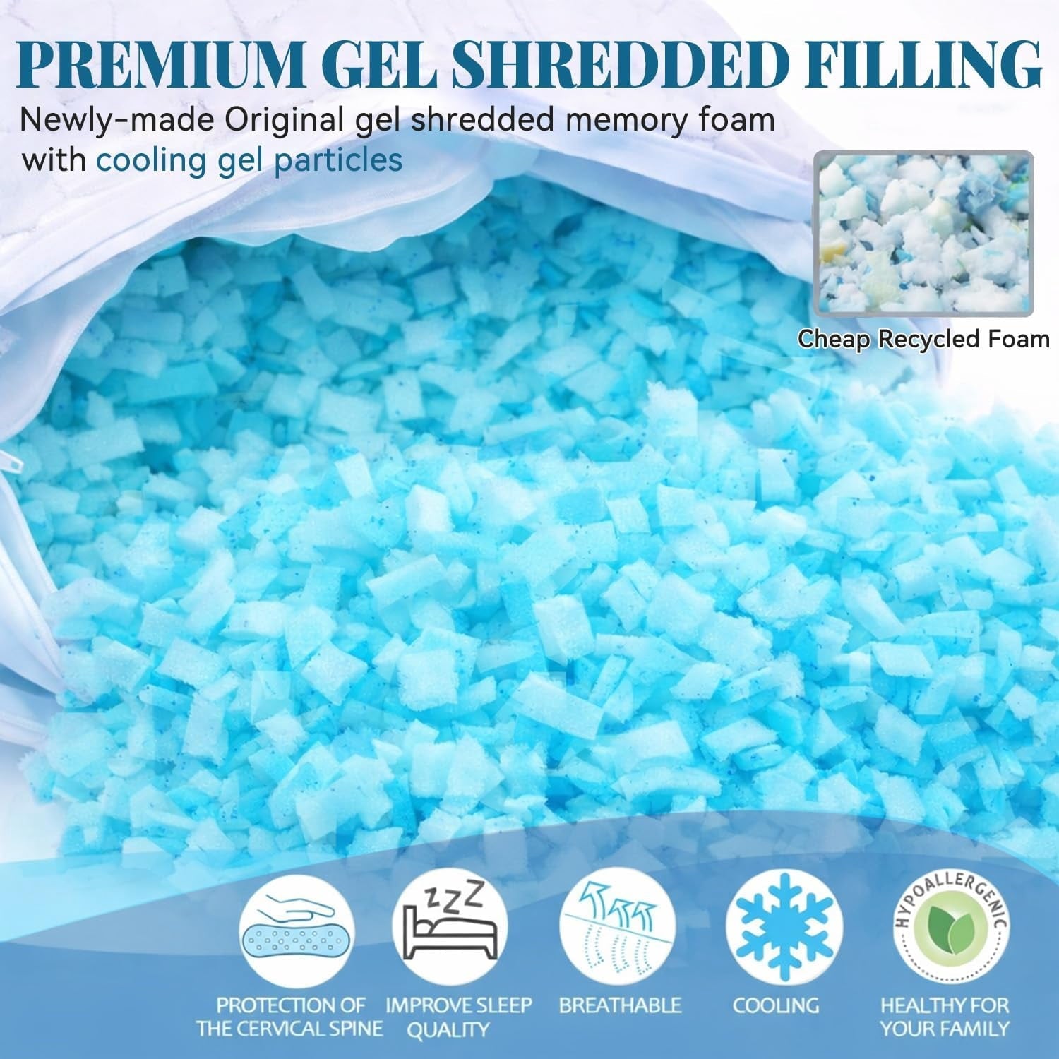 Shredded Memory Foam Pillows for Sleeping, Bed Pillows Queen Size Set of 2 Pack Adjustable for Side and Back Sleeper ...