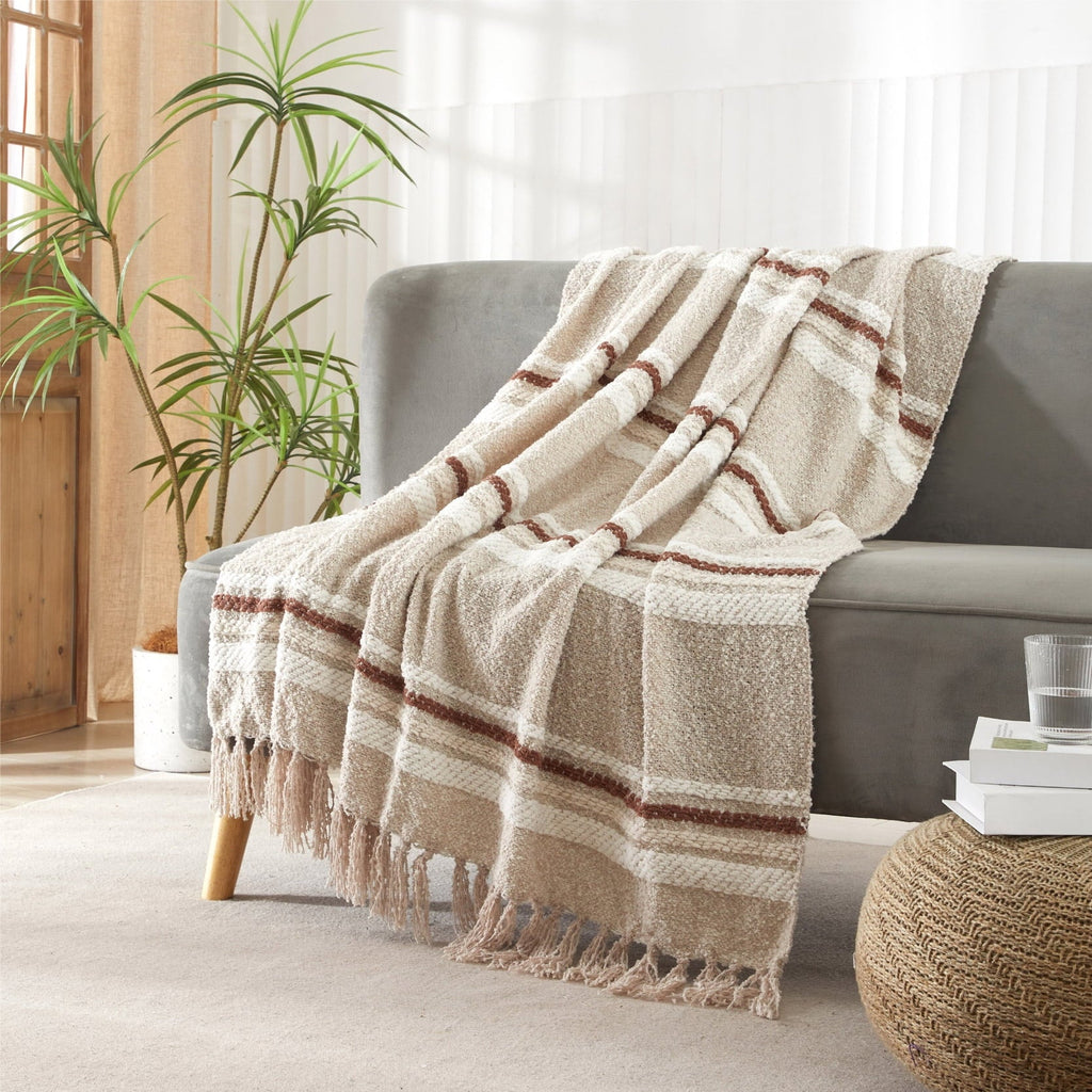 60" x 50" Cozy Striped Porcini Chenille Throw