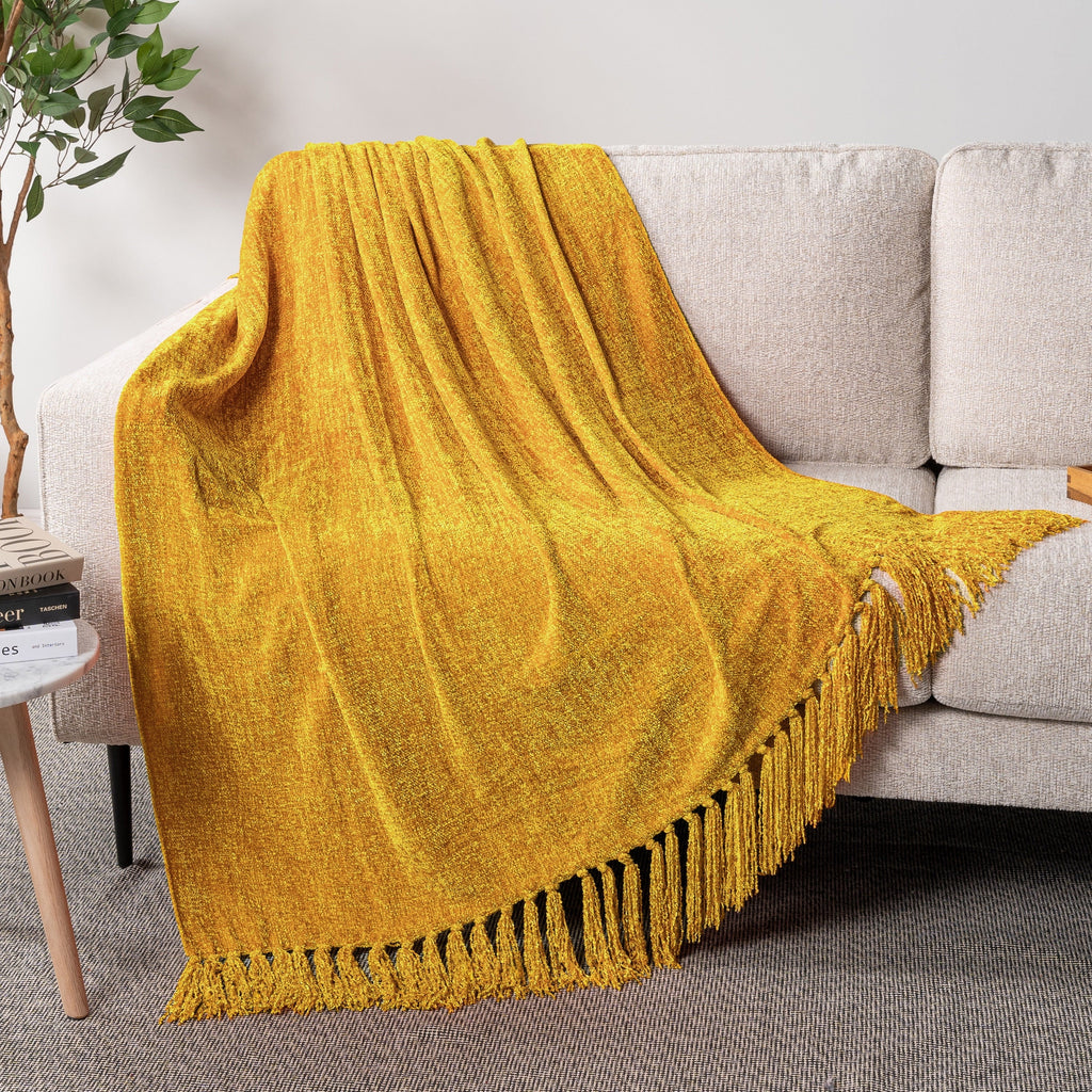 Mustard Yellow Chenille Throw Blanket for Couch, Soft Gold Knit Blanket with Tassel Fringe, Woven Chenille Knitted De...