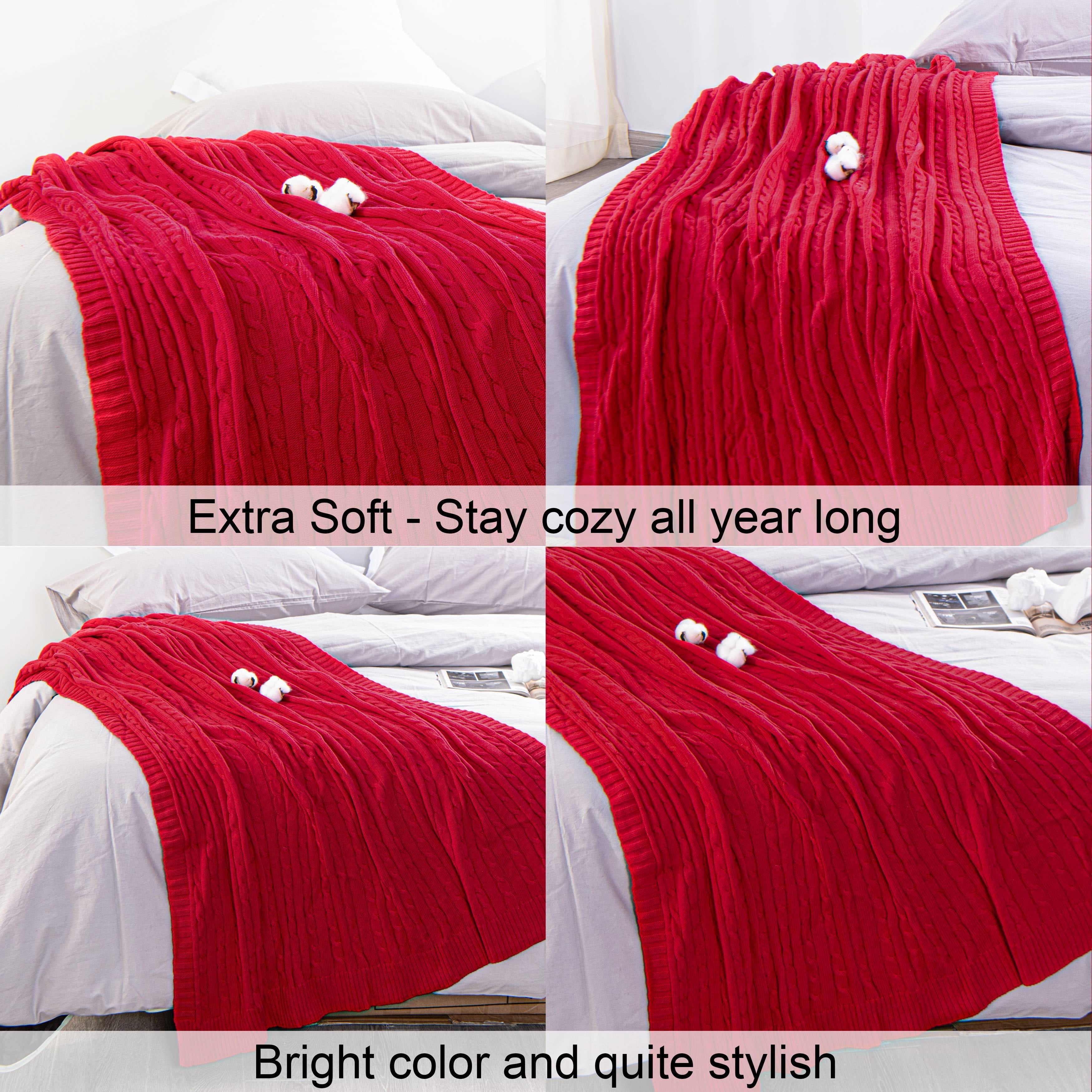 100% Cotton Cable Knit Throw, Super Soft Warm Knitted Blanket Home Decor, 51"x67", Red