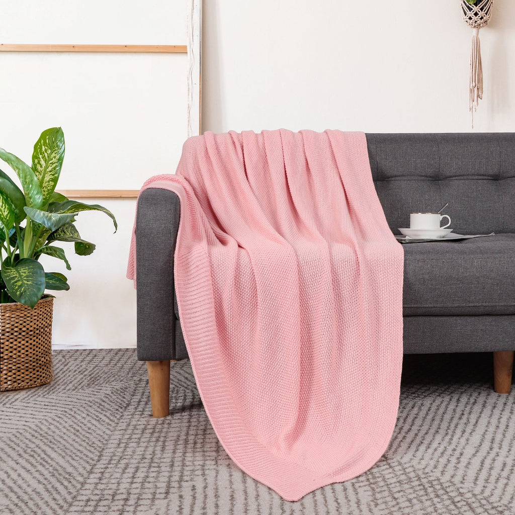 Pure Cotton Soft Cable Knit Throw Blanket Pink 50" x 70"