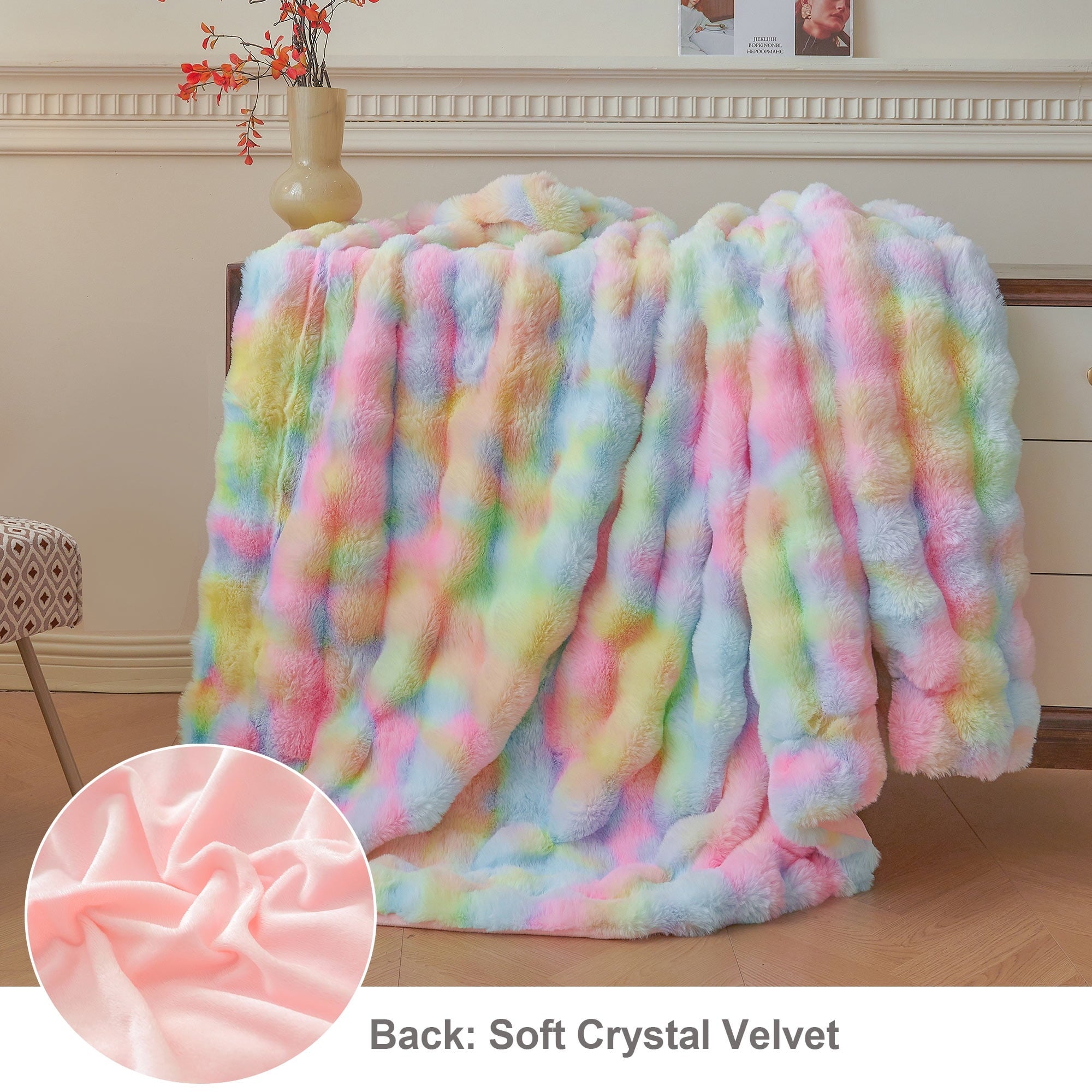 Fluffy Faux Rabbit Fur Bubble Throw, Rainbow Plush Shaggy Blanket for Couch Sofa Chair, Soft Tie Dye Furry Blanket Ad...