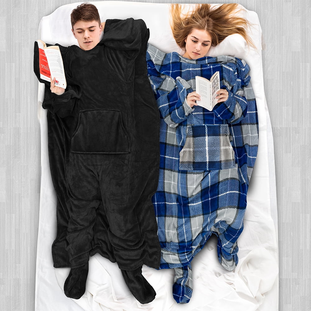 Fleece Blanket with Sleeves, Foot Pockets for Women Men Adults, Plush Wearable Blanket Throw Wrap, Warm Snuggle Blank...