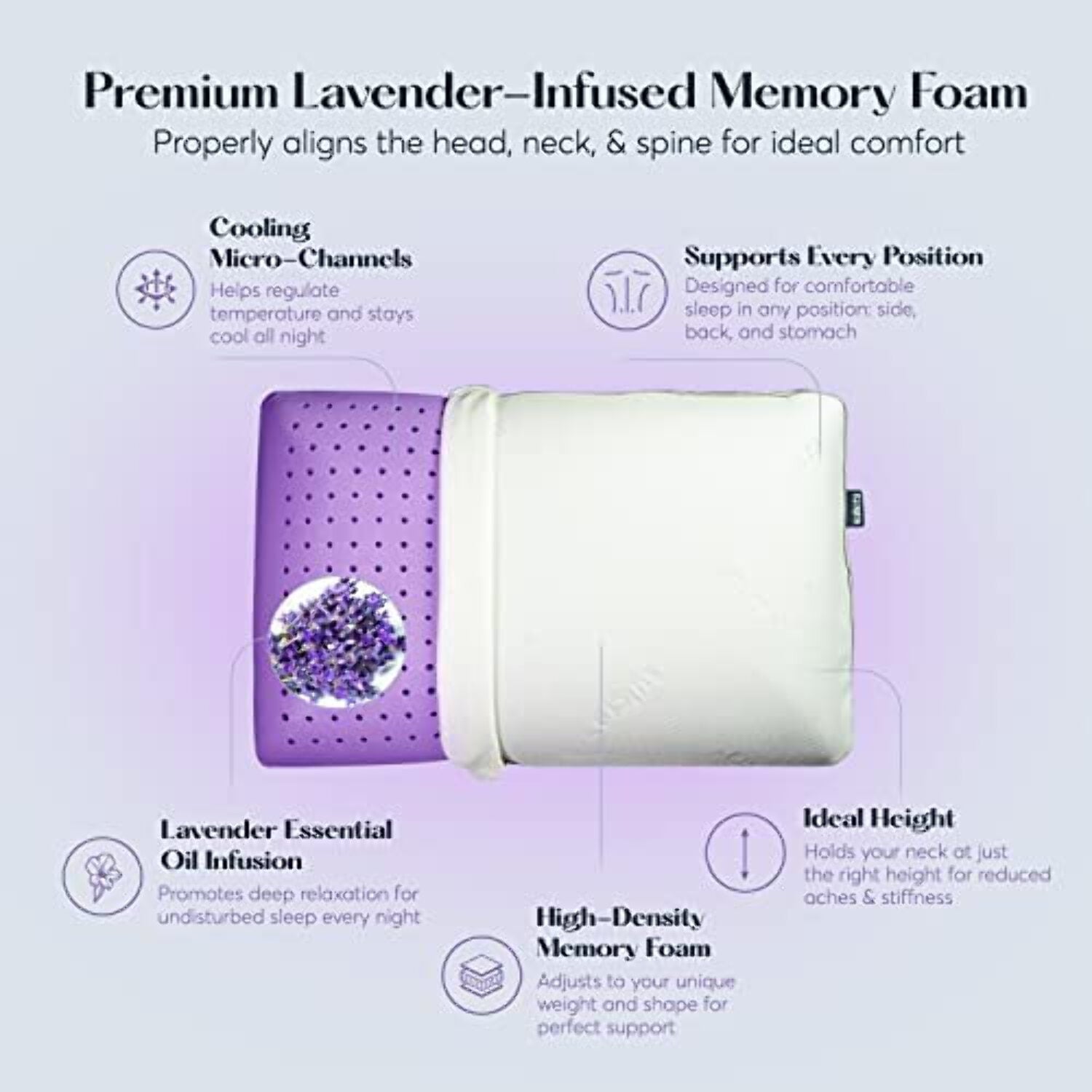 Plush Zen Bed Pillow, Lavender Scented Cooling Adaptive Memory Foam Queen