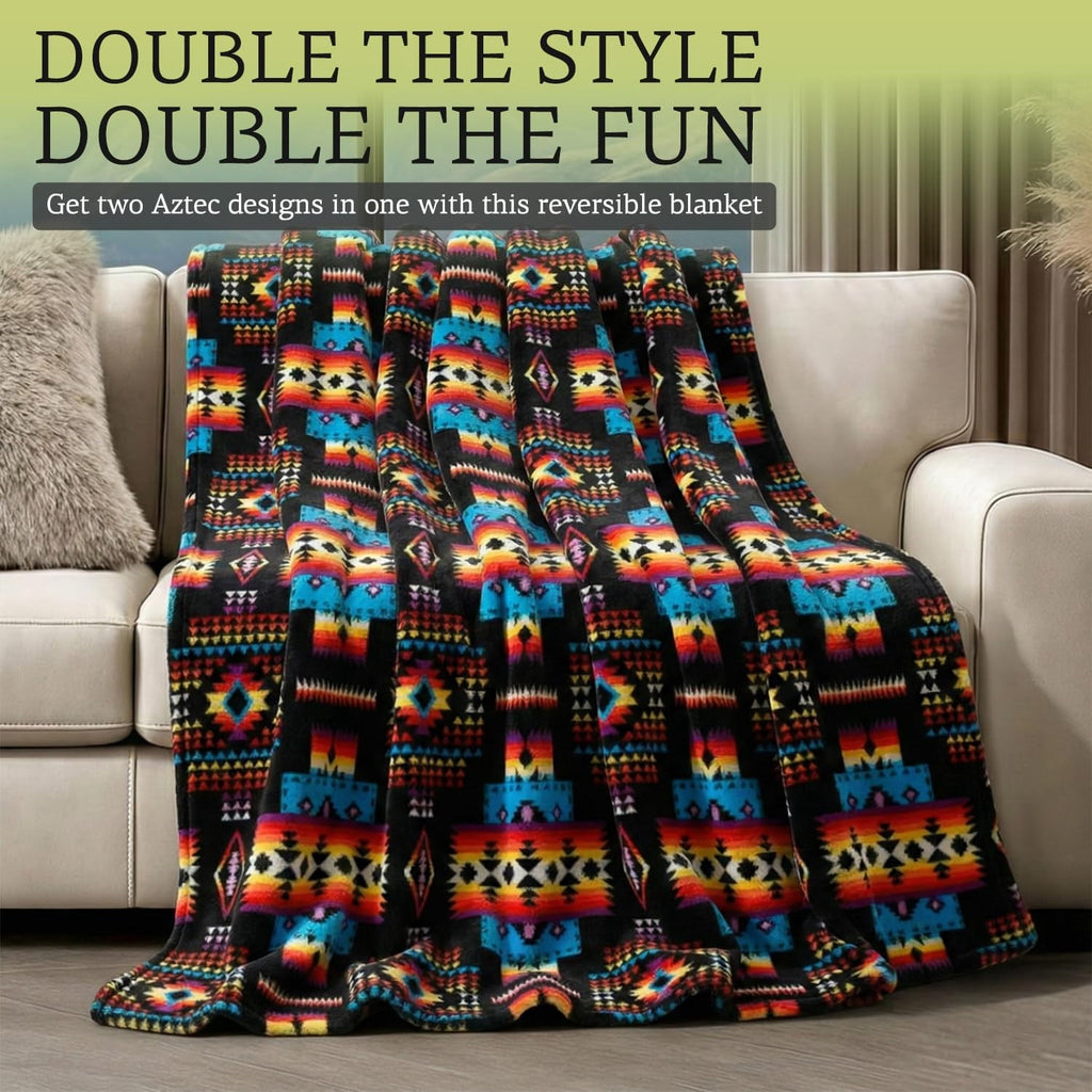 Sacred Thread Fleece Blanket South Western, Reversible Mexican, Vibrant Aztec Blankets and Throws for Aztec Decor for...