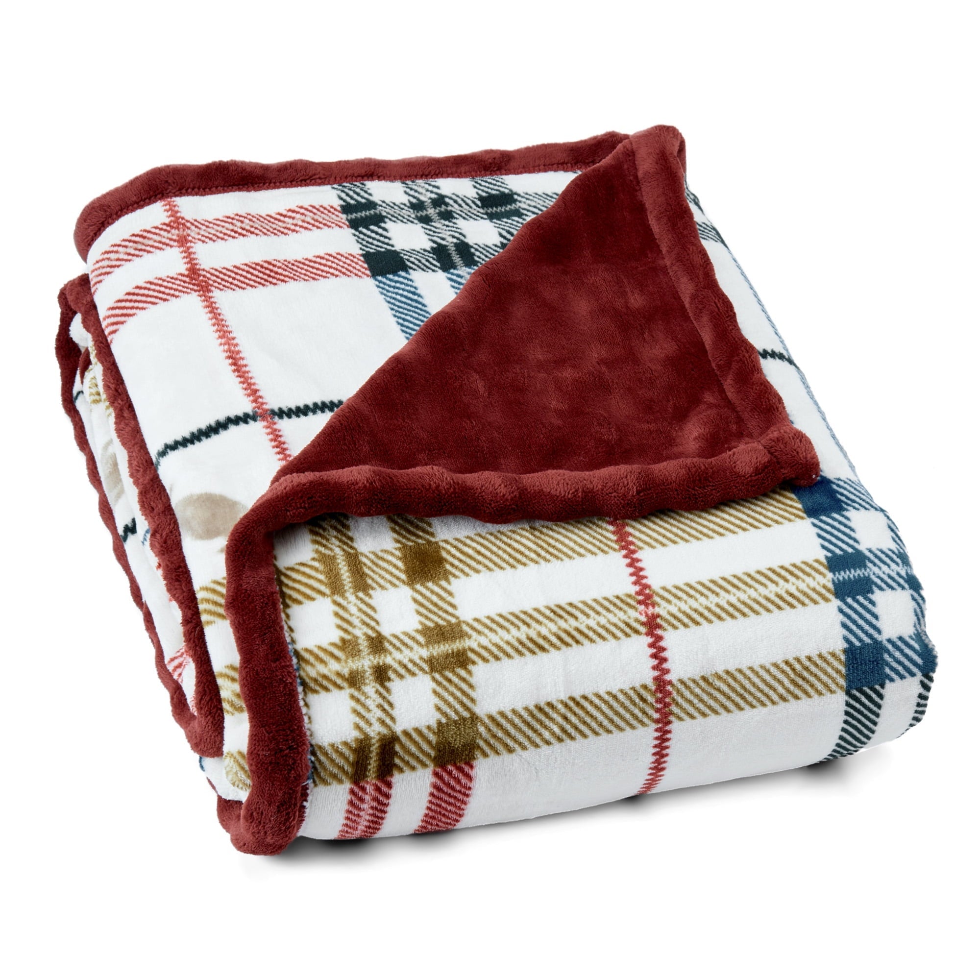 Academic Plaid Tartan Crest with Faux Leather Patch and Milky Mink Reverse Throw, 60x70 inches