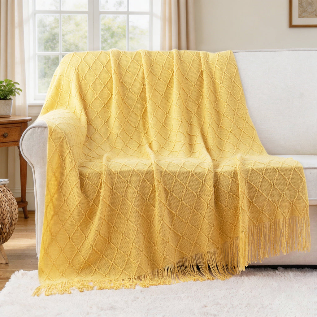 Mustard Throw Blanket for Couch,Gold Yellow Knit Throw with Fringe,Outdoor Throw ,50"x60"