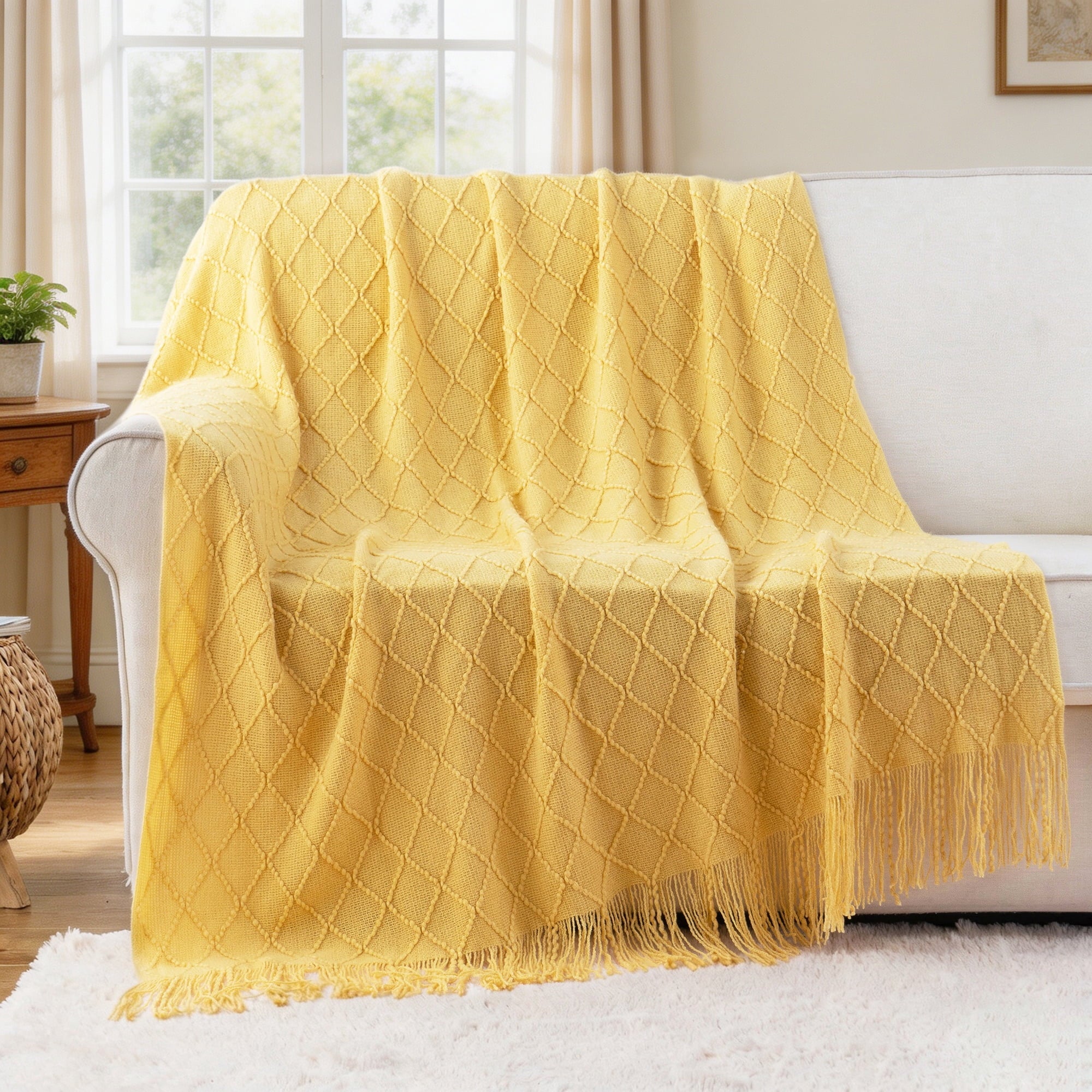Mustard Throw Blanket for Couch,Gold Yellow Knit Throw with Fringe,Outdoor Throw ,50"x60"