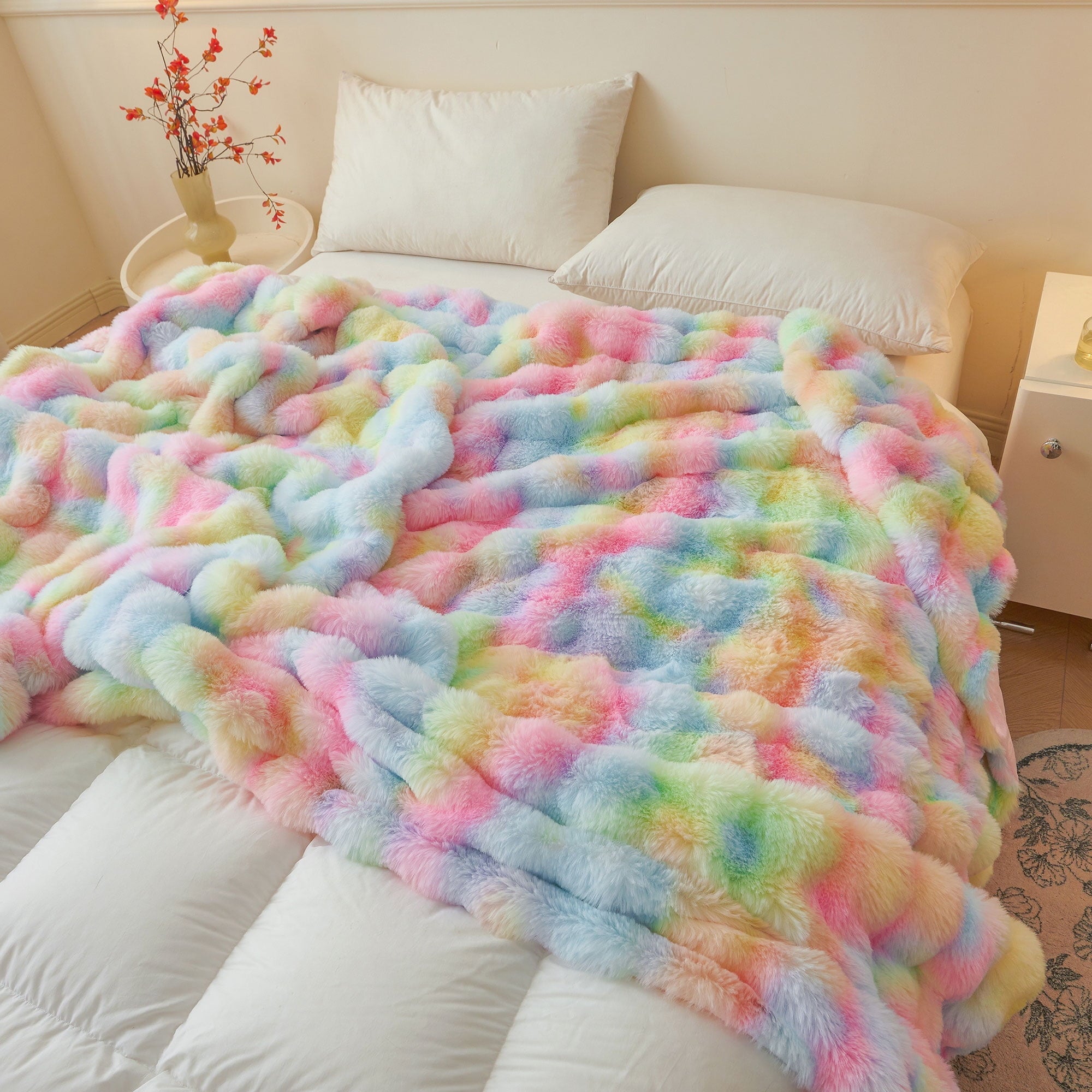 Fluffy Faux Rabbit Fur Bubble Throw, Rainbow Plush Shaggy Blanket for Couch Sofa Chair, Soft Tie Dye Furry Blanket Ad...
