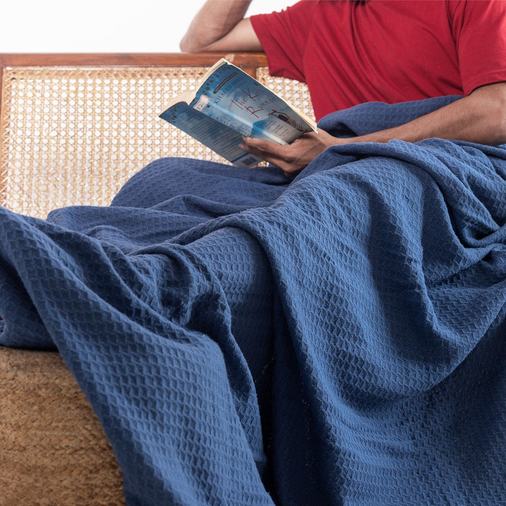 Twin Waffle Throw Blanket for Couch (68" x 92"), 100% Cotton Throw Blankets for Bed, Waffle Blanket for Bed (Navy)
