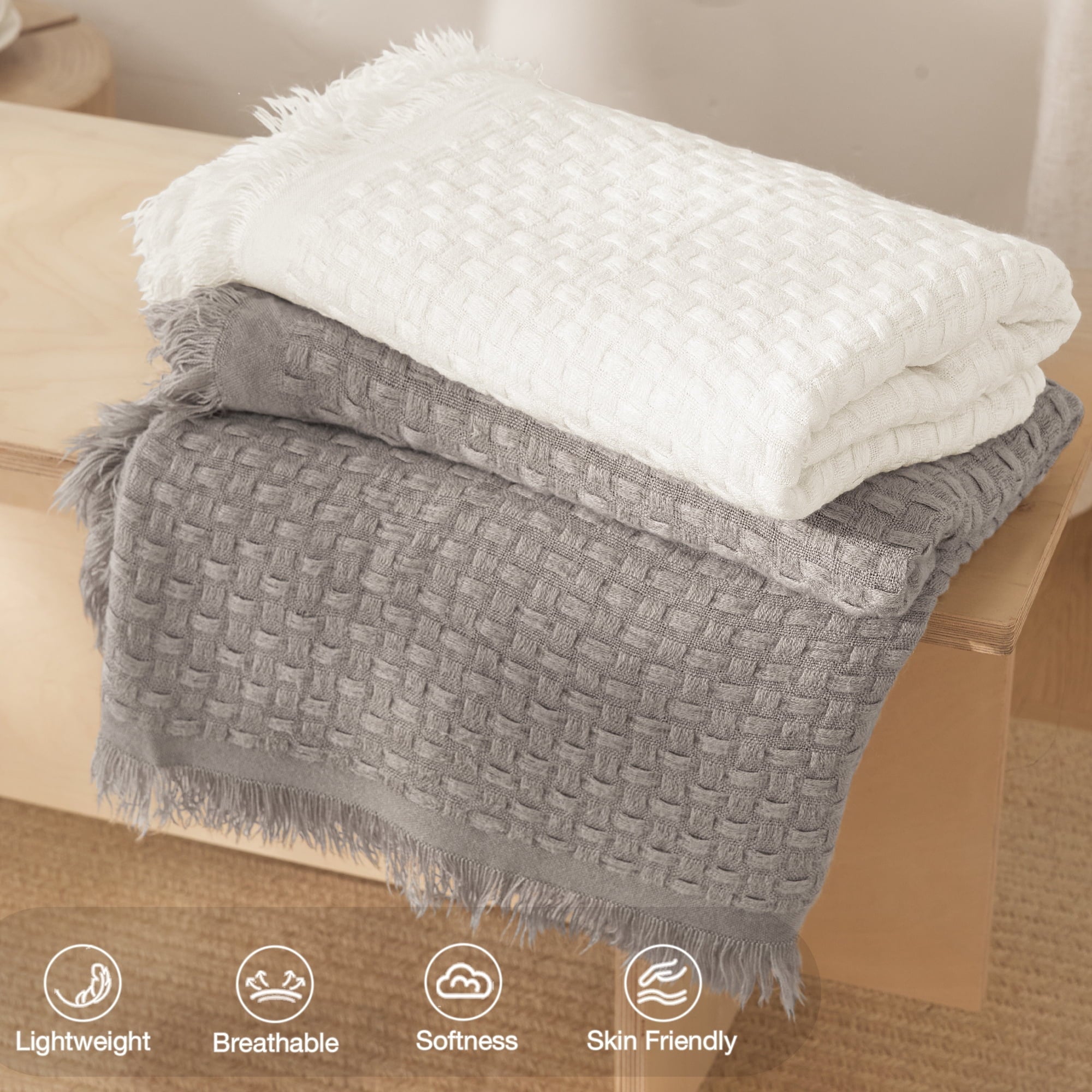 Knitted Throw Blanket with Fringes for Couch, Soft and Warm Textured Throw for All Season, Lightweight Breathable Roo...