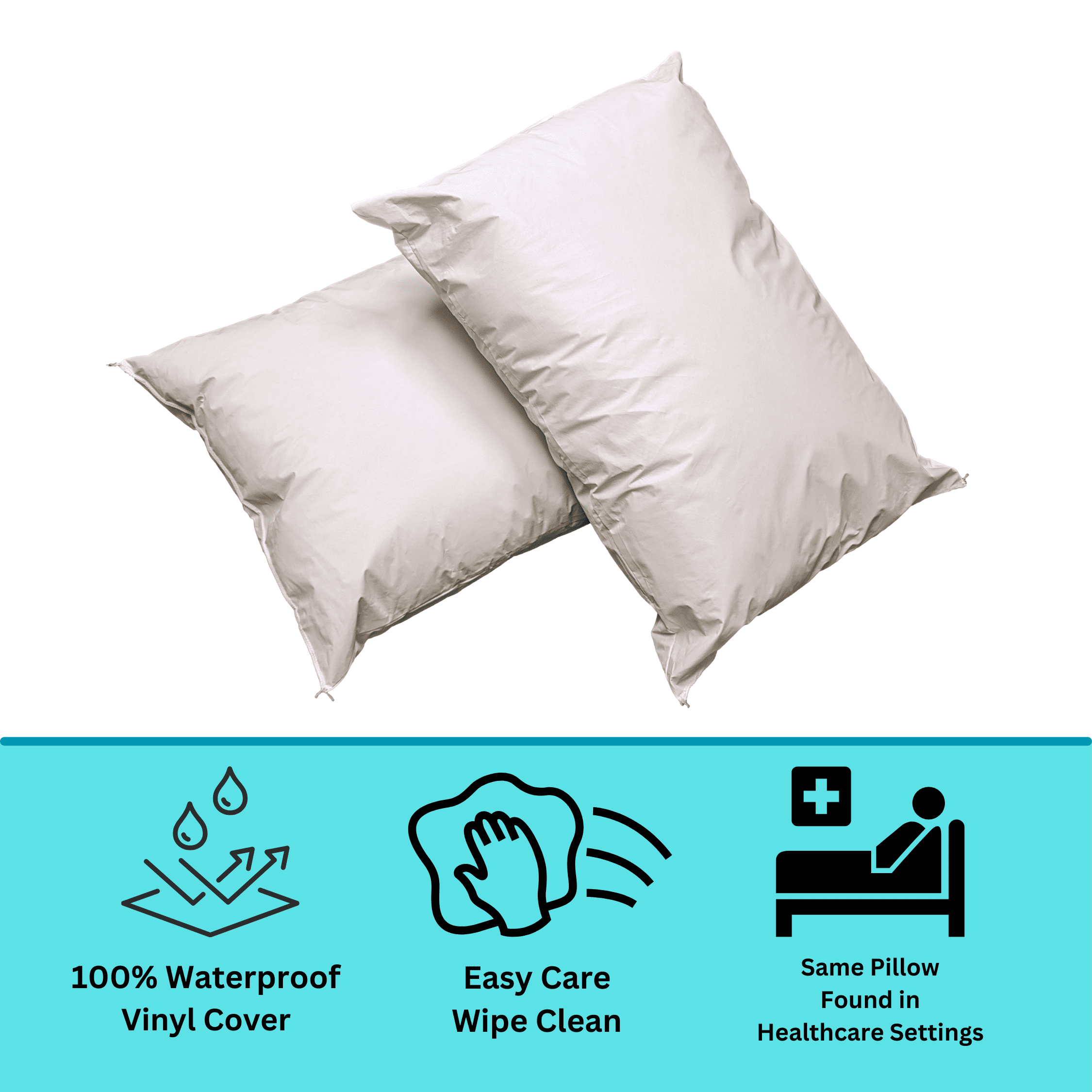 2 Pack MediCheck White Vinyl Covered Bed Pillows 20 in x 26 in - Wipeable Easy Clean - Soft Low Profile Non-Fluffy Su...