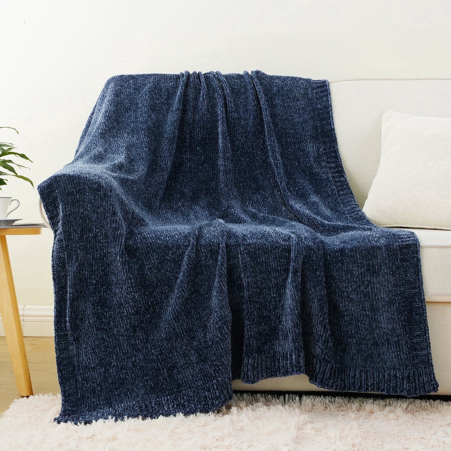 Navy Blue Chenille Throw for Couch Bed,Soft Navy Knit Blanket, Housewarming Gifts, 51"x 67"