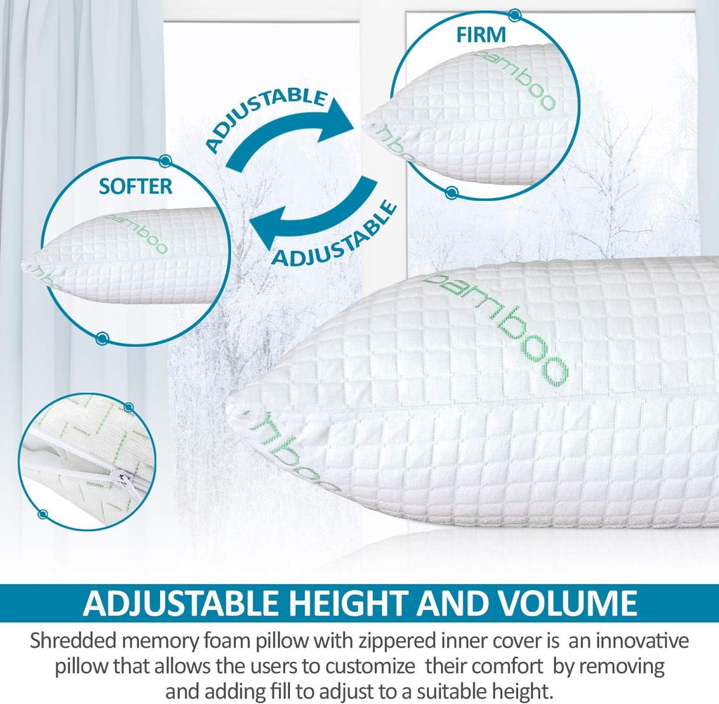 Queen Size Bamboo Pillow, Memory Foam Bed Pillows with Washable Pillowcases, Queen