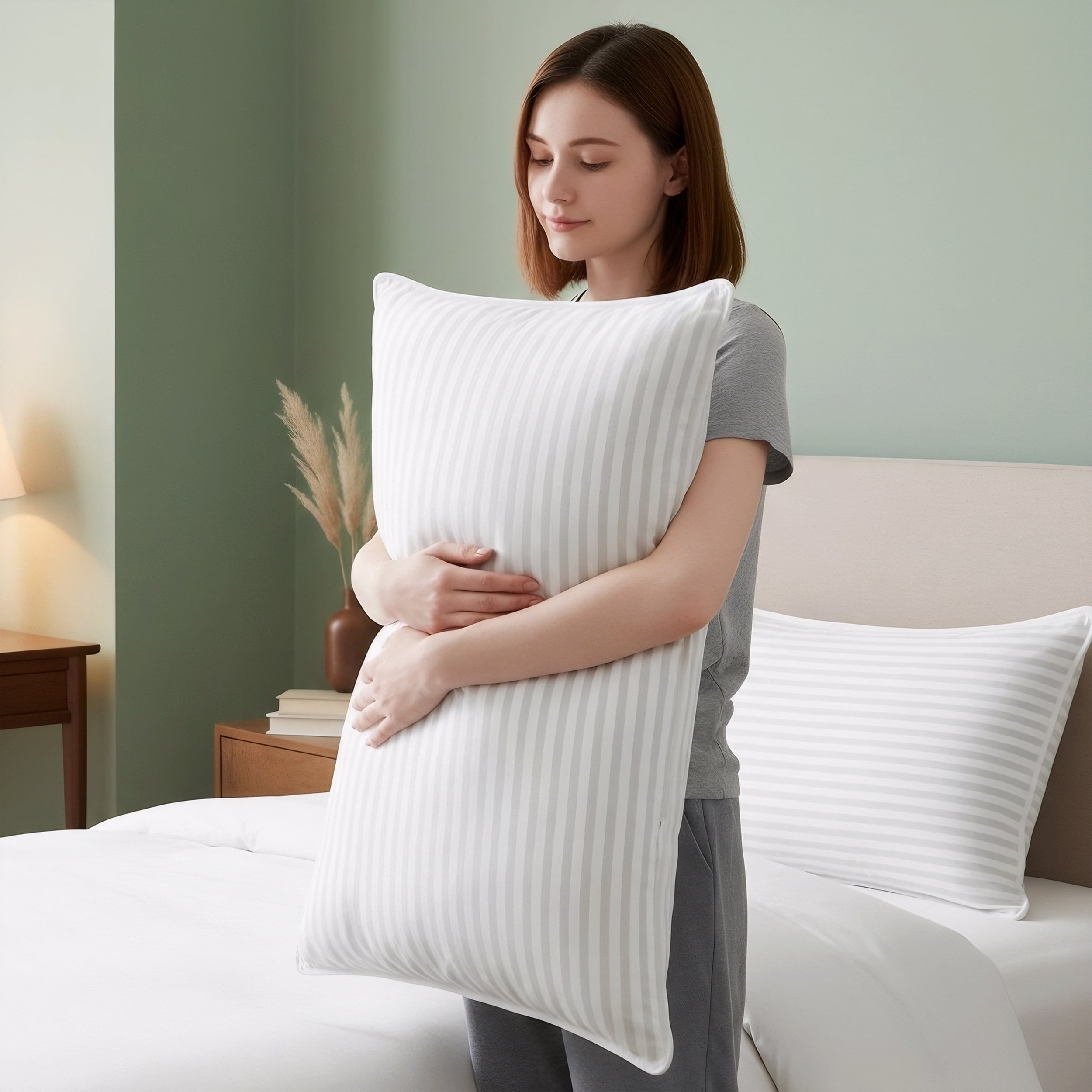 Bed Pillow with White Stripes - Set of 2 - Ultra Cozy & Relaxing For Adults, (Queen, 28"L x 20" W)