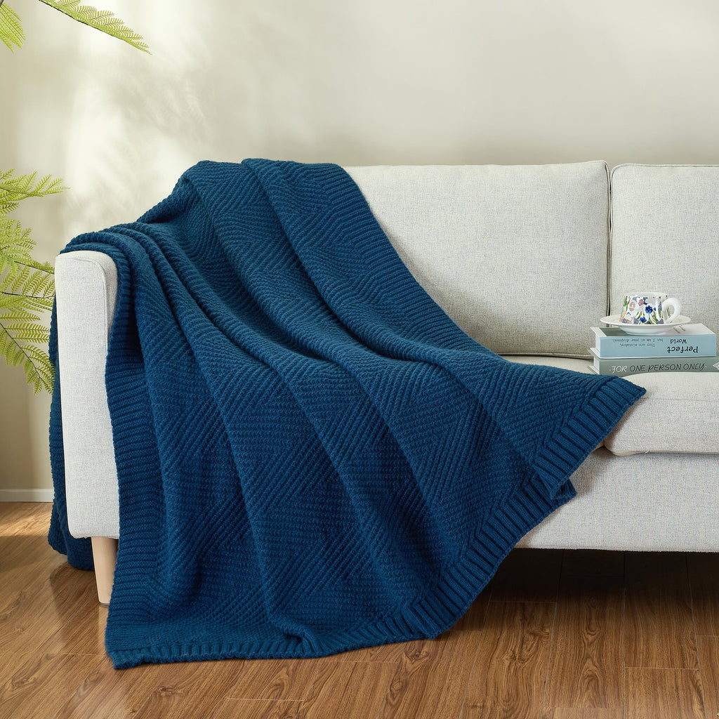 Soft Knitted Throw Blanket 50" x 60" Navy Blue, Boho Chevron Farmhouse Throw for Bed Couch