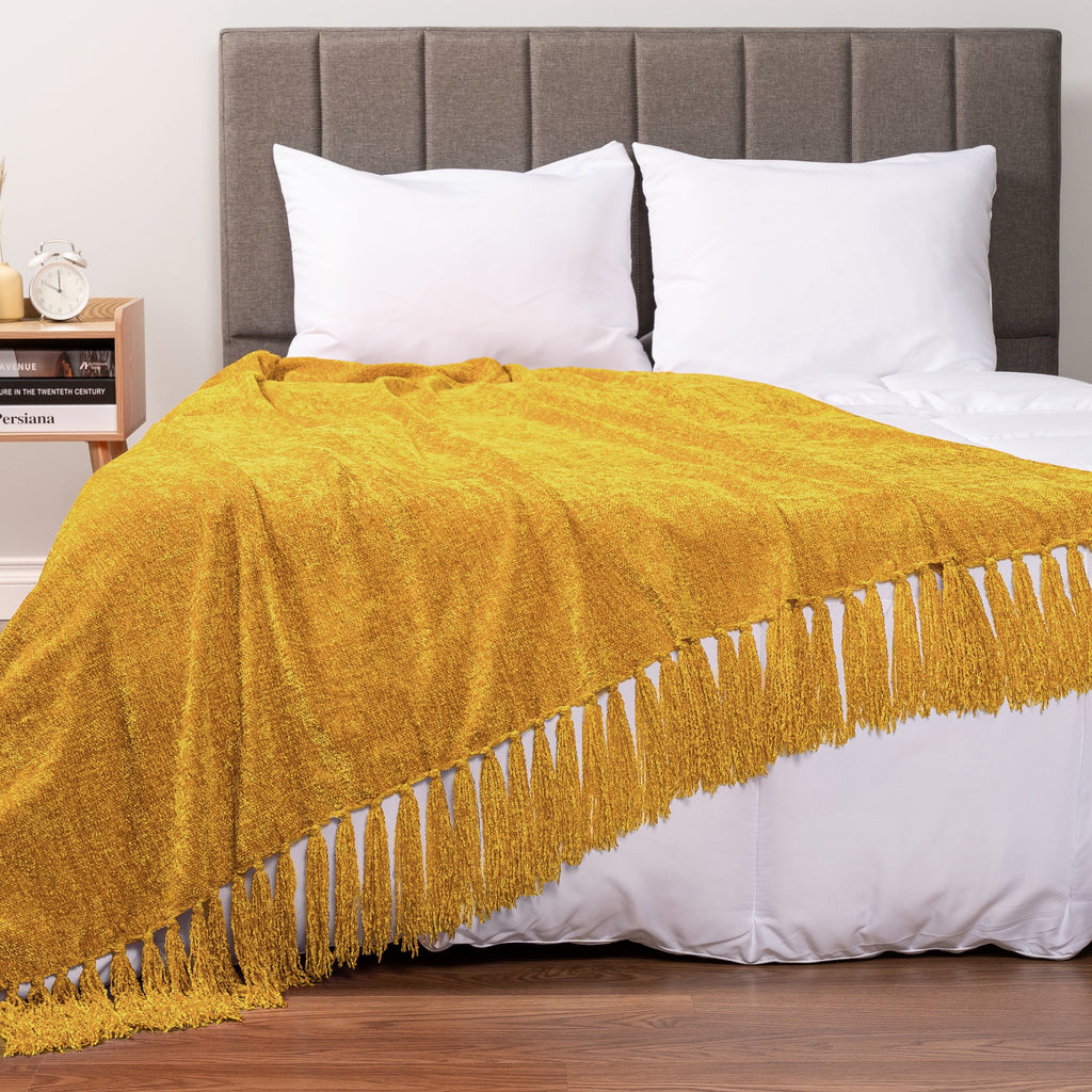 Mustard Yellow Chenille Throw Blanket for Couch, Soft Gold Knit Blanket with Tassel Fringe, Woven Chenille Knitted De...