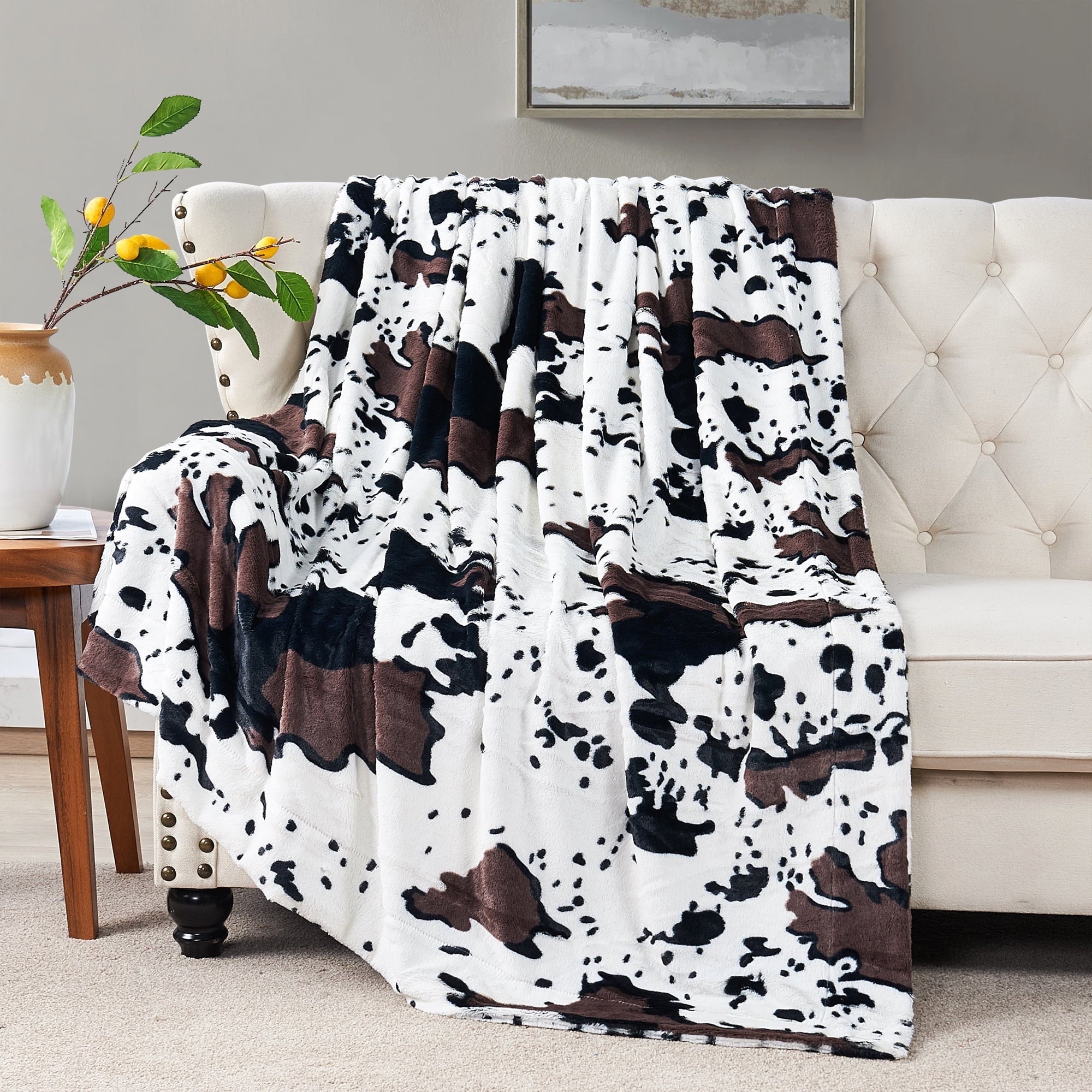 Cow Print Double Sided Faux Fur Throw Blanket, Soft Cozy Fuzzy Black and White Throw, 50x60 inches
