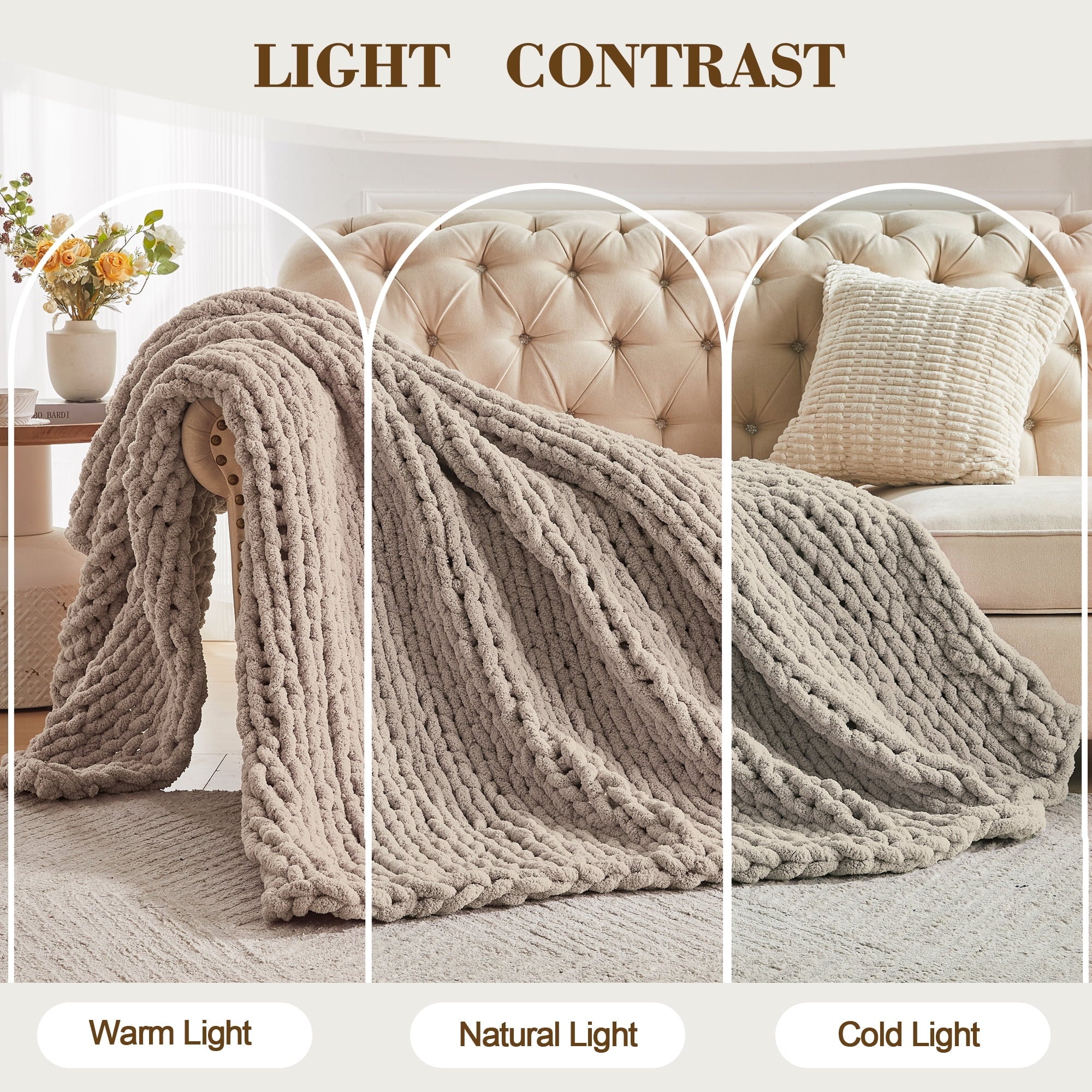 Chunky Knit Throw Blanket Handmade Soft Throws for Couch Sofa Bed, 50" x 60" Taupe