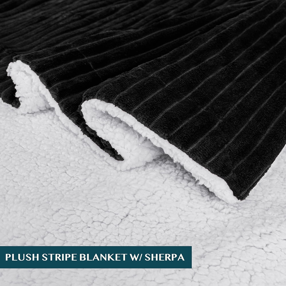 Reversible Sherpa Fleece Throw Blanket Black, Plush Flannel Throw, Ultra Soft Warm Ribbed Microfiber Blanket for Sofa...
