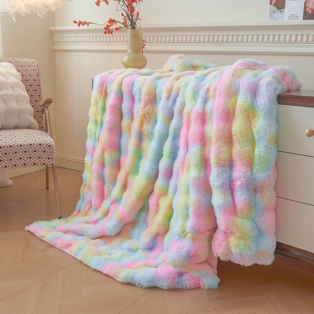 Fluffy Faux Rabbit Fur Bubble Throw, Rainbow Plush Shaggy Blanket for Couch Sofa Chair, Soft Tie Dye Furry Blanket Ad...