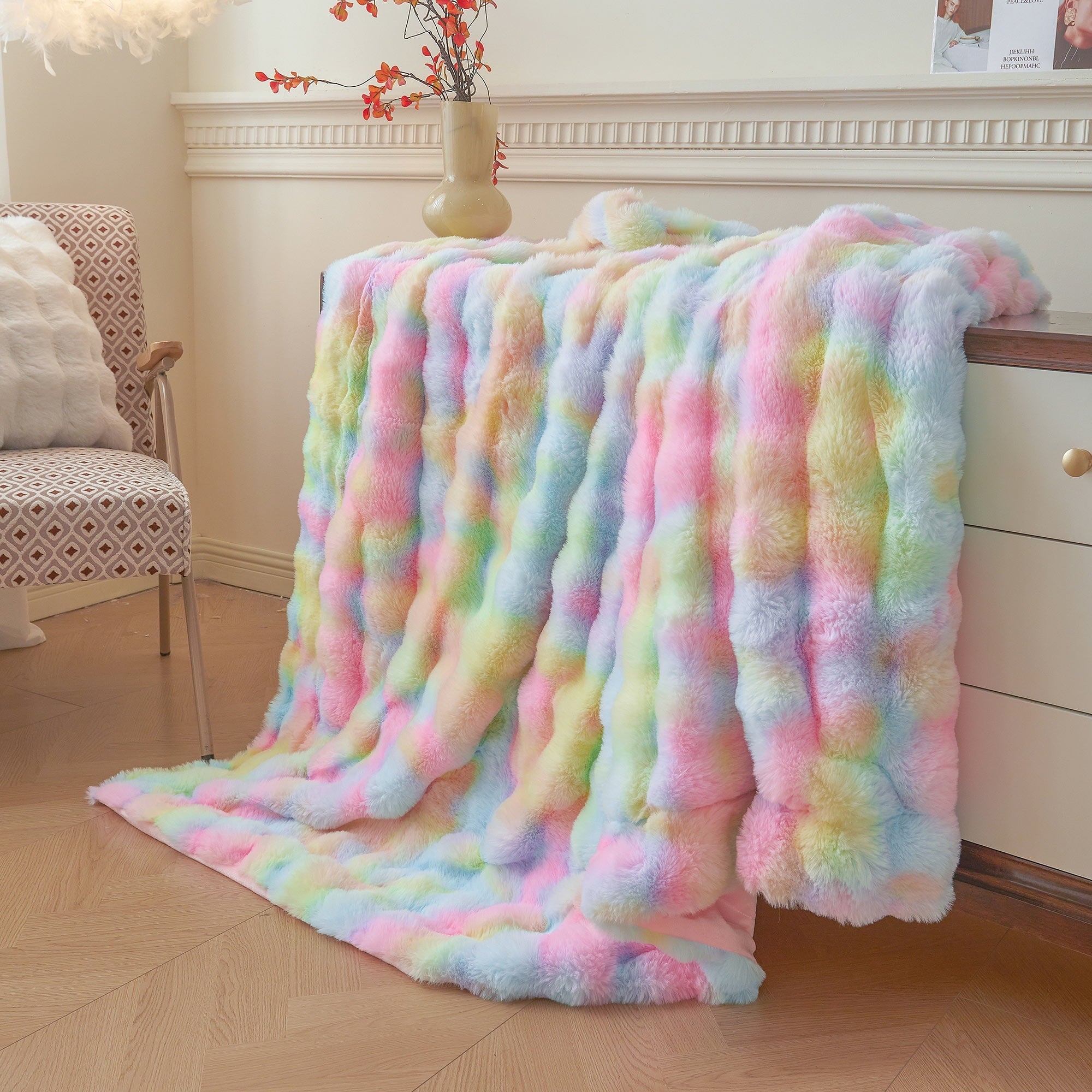 Fluffy Faux Rabbit Fur Bubble Throw, Rainbow Plush Shaggy Blanket for Couch Sofa Chair, Soft Tie Dye Furry Blanket Ad...