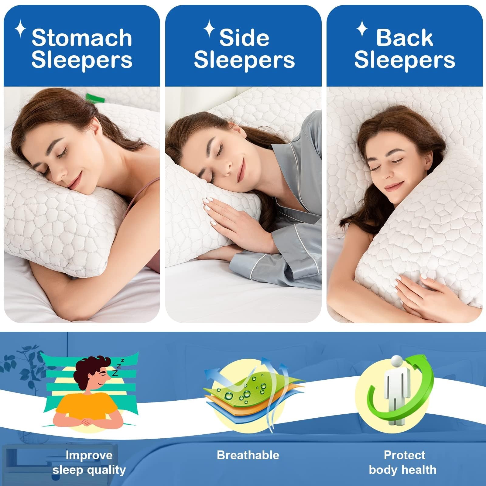 Cooling Bed Pillows Queen Size Set of 2, Shredded Memory Foam Pillows for Sleeping 2 Pack, Adjustable Soft Firm Pillo...